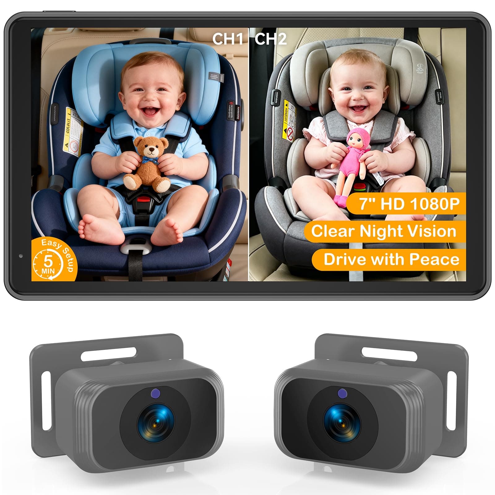 Baby Car Camera for 2 Kids - 7-Inch Split-Screen Monitor, Dual HD 1080P Cameras, Night Vision, 360° Rotatable, Easy Install Backseat Camera for Safety & Convenience - Perfect for Twins or Siblings