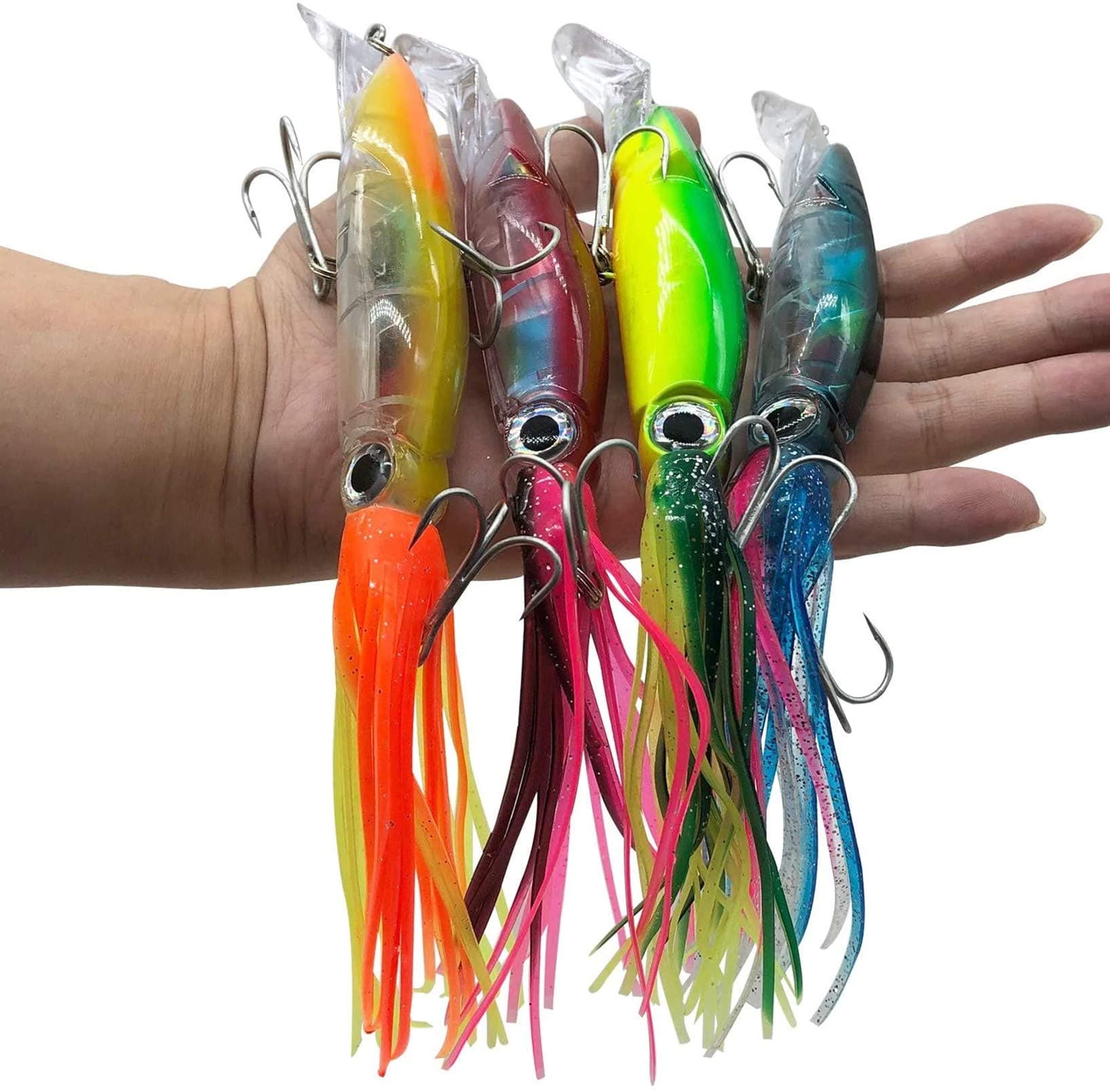 4 Pcs Large Simulation Squid Fishing Lures Bait Kit,3D Holographic Eyes,Built-in Multicolored Lead BlocksThrough Heavy Duty ,Stable and Tempting