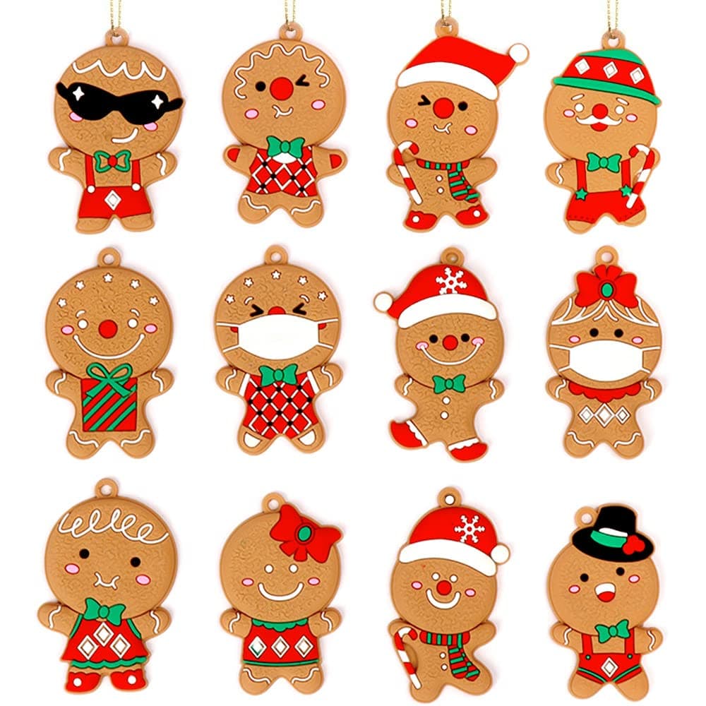 12PCS Easter Christmas Gingerbread Ornaments, Gingerbread Tree Decorations Ginger Man Clay Figurine with Strings Hanging Ornaments for Xmas Tree Holiday Party Festive Season