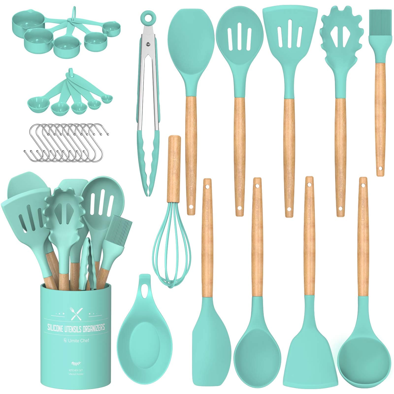 Umite ChefKitchen Utensils Set, Non-Stick Silicone Kitchen Utensils, Spatula Set with Holder, Wooden Handle, Heat Resistant Silicone, 24 Pieces, Green