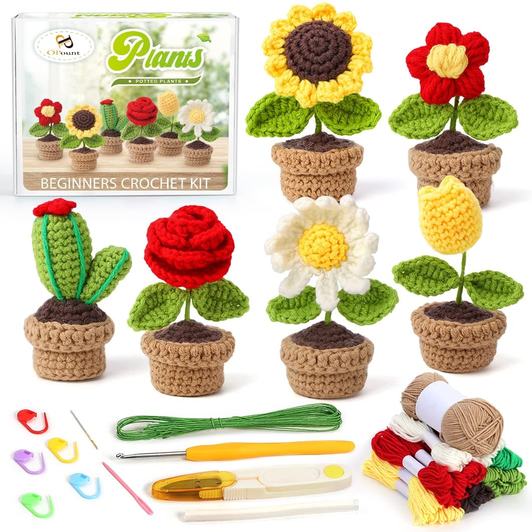 PP OPOUNT Complete Crochet Kit for Beginners - 6 PCS Potted Plants,Starter Pack for Adults and Kids with Step-by-Step Instructions and Video Tutorials (Patent Product)
