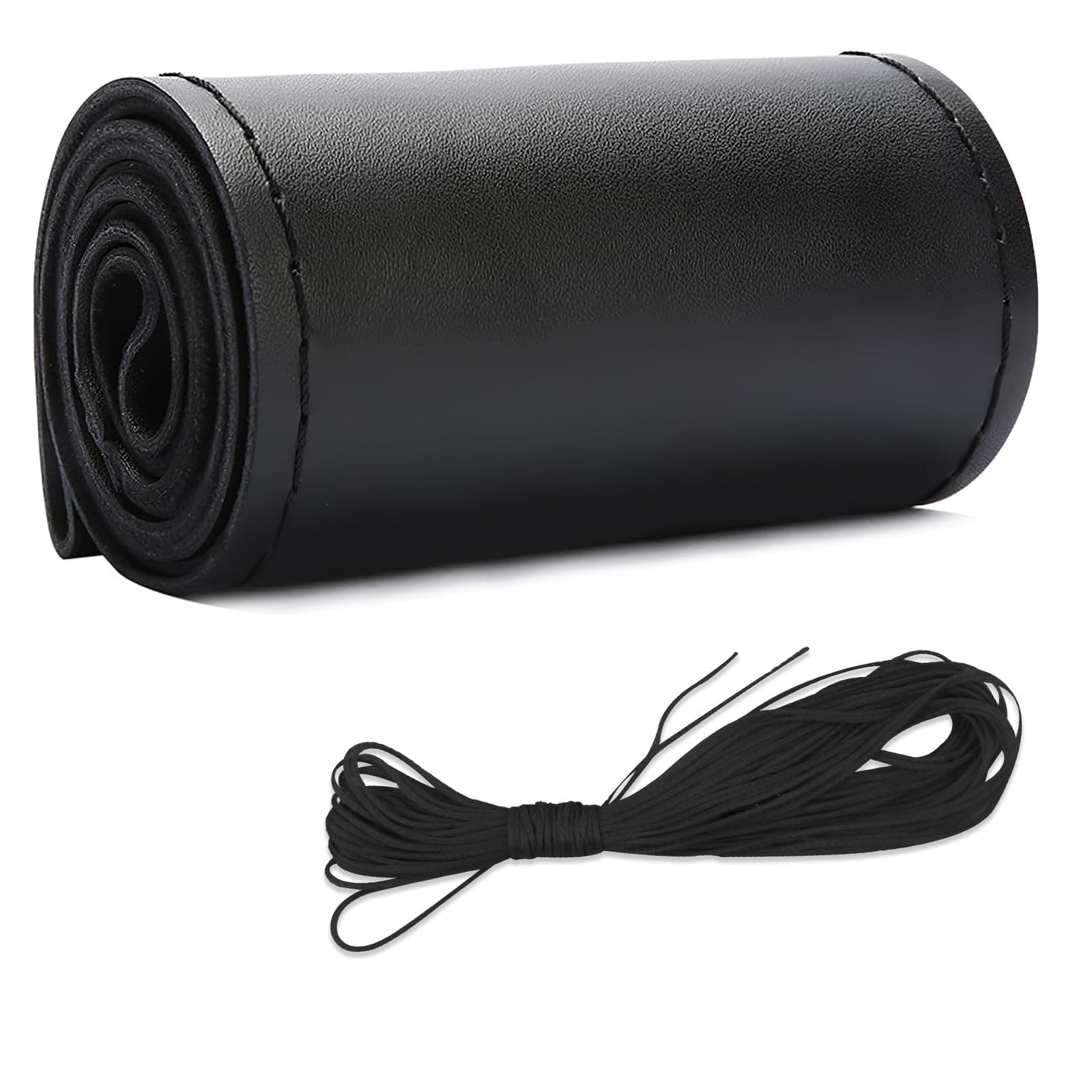 Leather Steering Wheel Cover, DIY Sewing with Needle & Thread, Breathable Anti-Slip Car Steering Wheel Protector, Universal 15 Inch Auto Steering Wheel Stitch on Wrap (Black, Glossy)