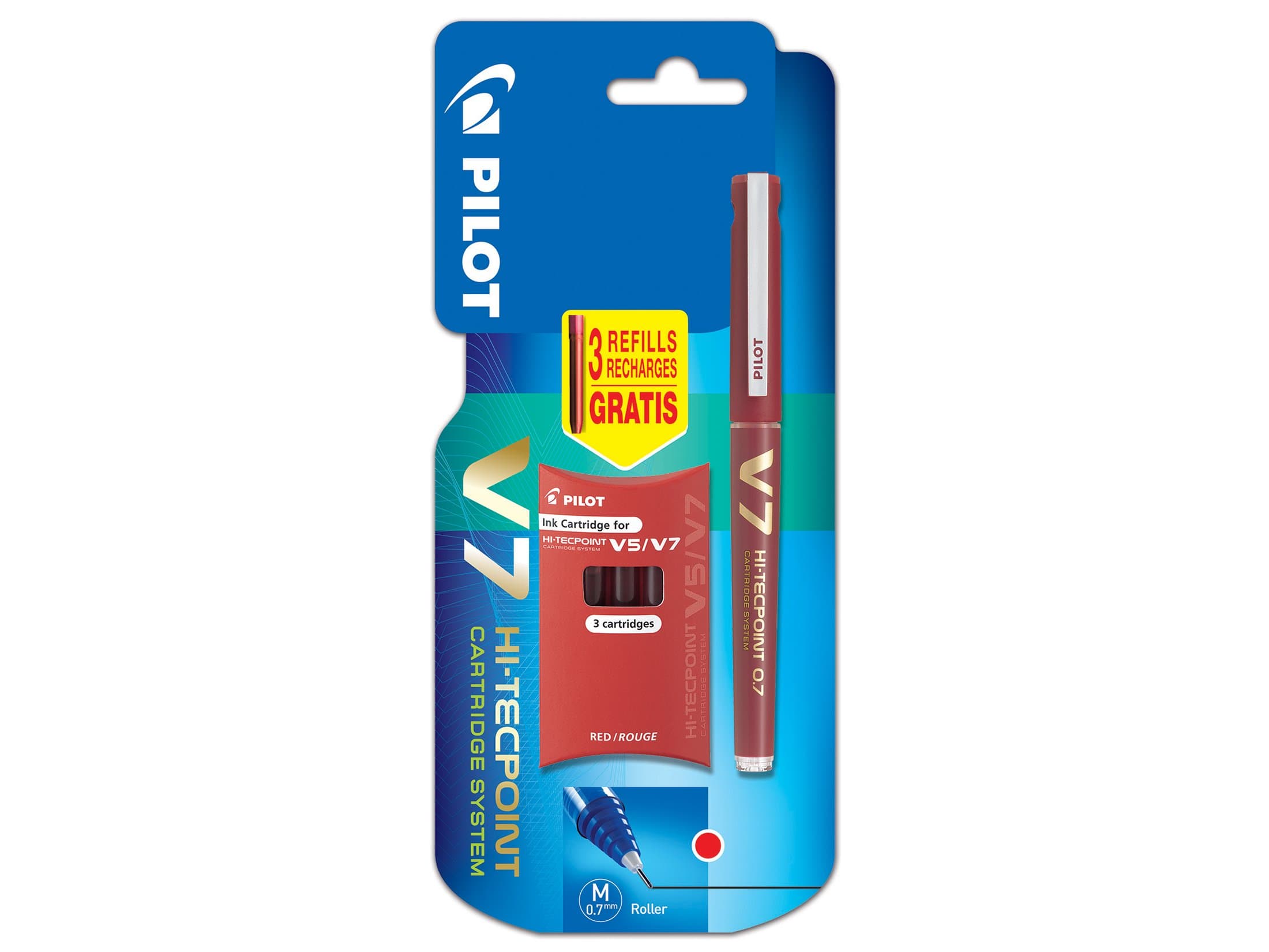 Pilot V7 Cartridge System Liquid Ink Roller Ball 0.7mm Nib Single Pen with 3 Free Refills - Red