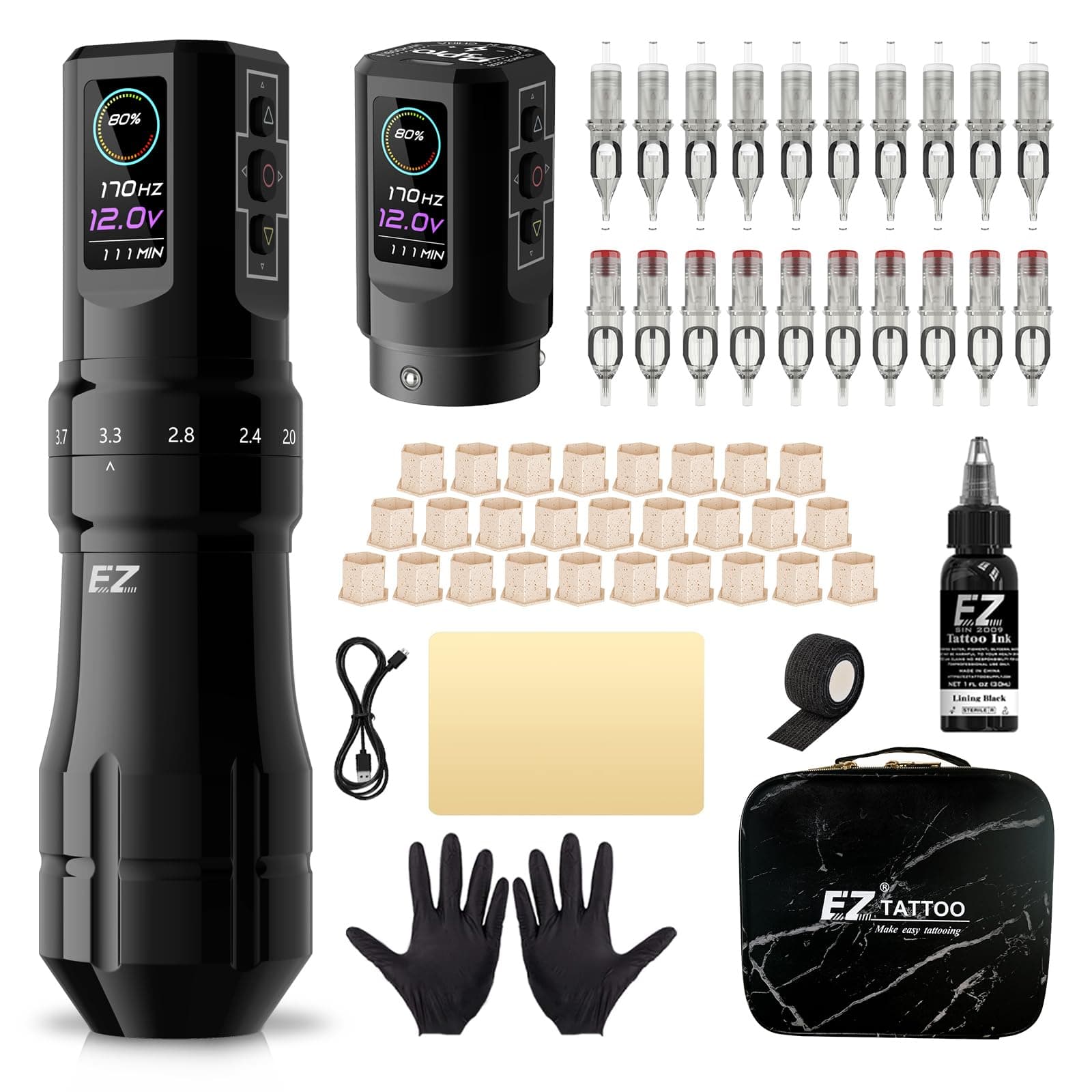 EZ Tattoo Kit - Tattoo Machine Kit Complete with 6 Strokes 2mm-4.2mm Wireless Tattoo Machine Pen with 1600mAh Battery Power Supply for Tattoo Beginners and Tattoo Artists (P3 Pro Gloss Black)