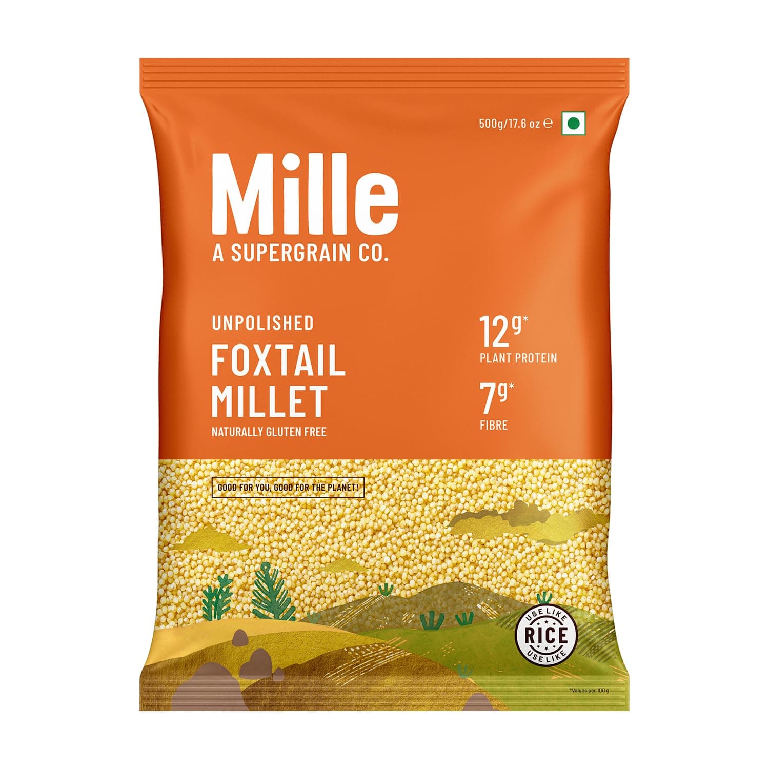 Mille Foxtail Millet Whole Grain | Certified Low GI | Rice Replacement | High Fibre and Plant Protein | Gluten Free | Cooks in 10 minutes | Can be used to cook Biryani, Lemon Puliyogare | Unpolished, Toasted, No Soaking Required | Kangni/Kakum/Navani/Korralu/Korra/Thinai, 500g