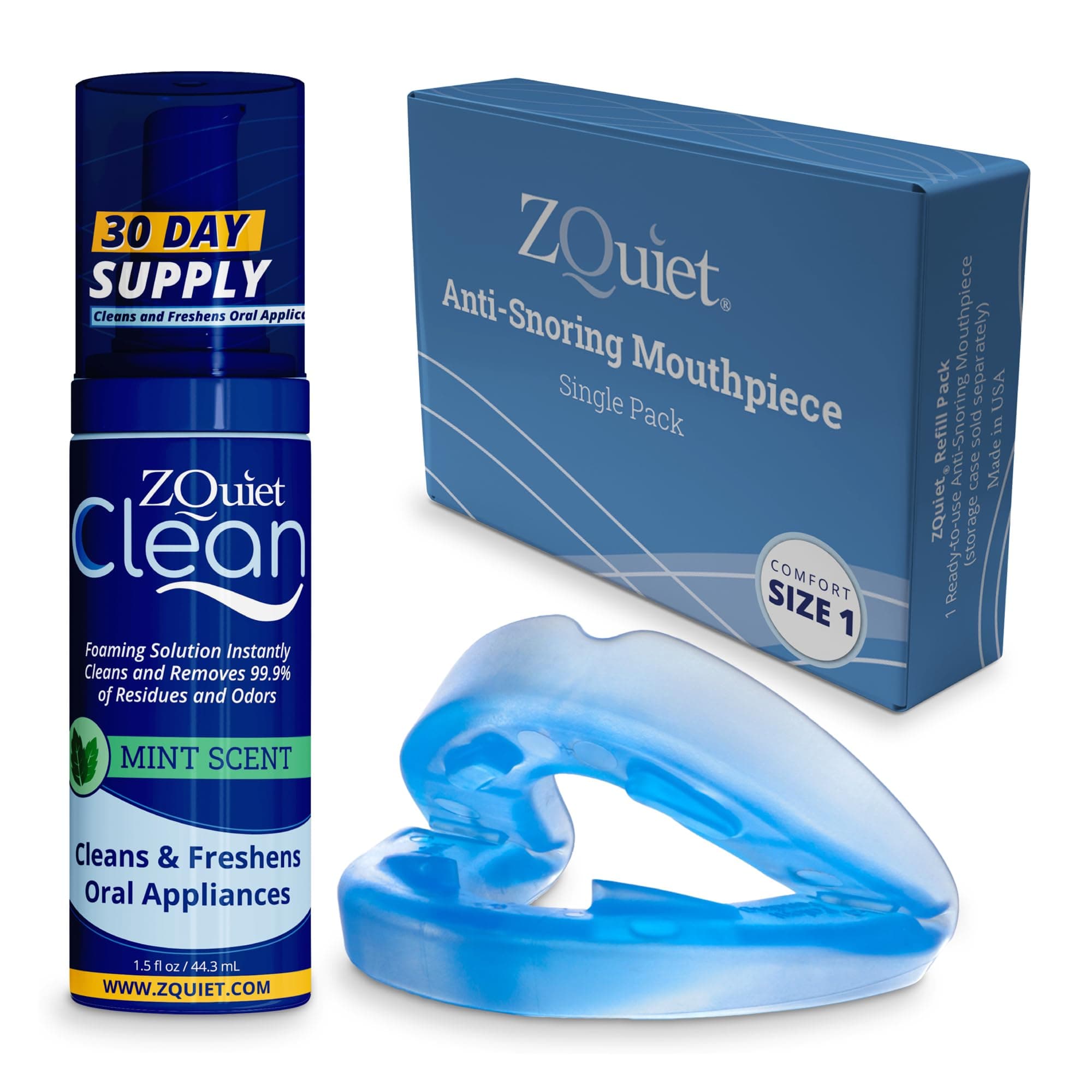 Anti-Snoring Mouthpiece Solution - Comfort Size #1 (Single Device) + Cleaner (1.5oz Bottle) - Made in USA Snoring Solution for a Better Night’s Sleep (Blue)