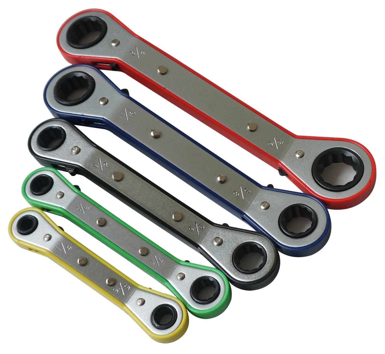MacWork 5-Piece Offset Ratcheting Wrench Set ,Five Colors Reversible Universal Ratchet Double Ring Spanners,Professional Heat Treated Alloy Steel SAE Combination