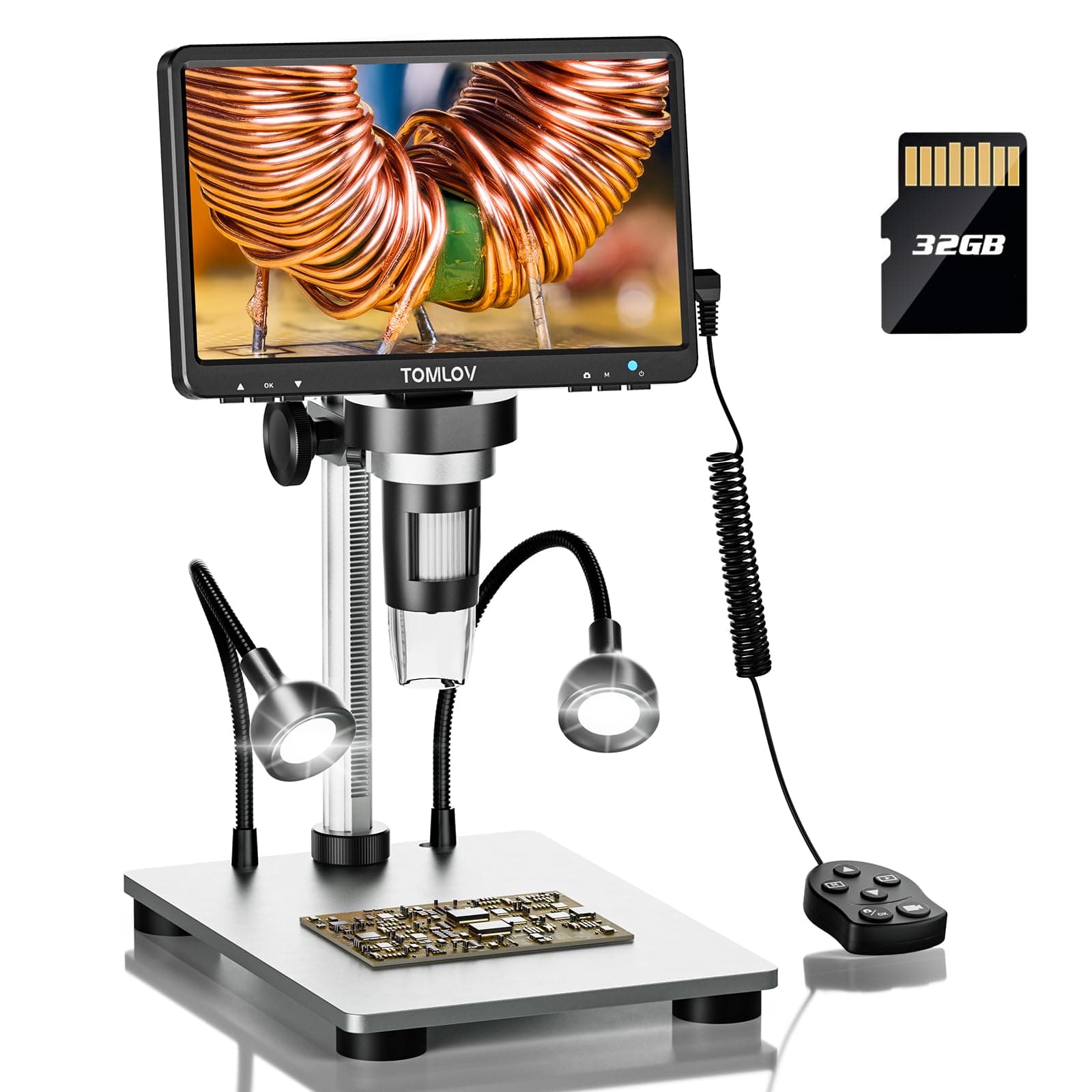 DM9 7" LCD Digital Microscope 1300X, 12MP Coin Magnification, 1080P HD Video Soldering USB Scope for Adult, with LED Light, Adjustable Metal Stand, PC/Windows/Mac Compatible, 32GB Card