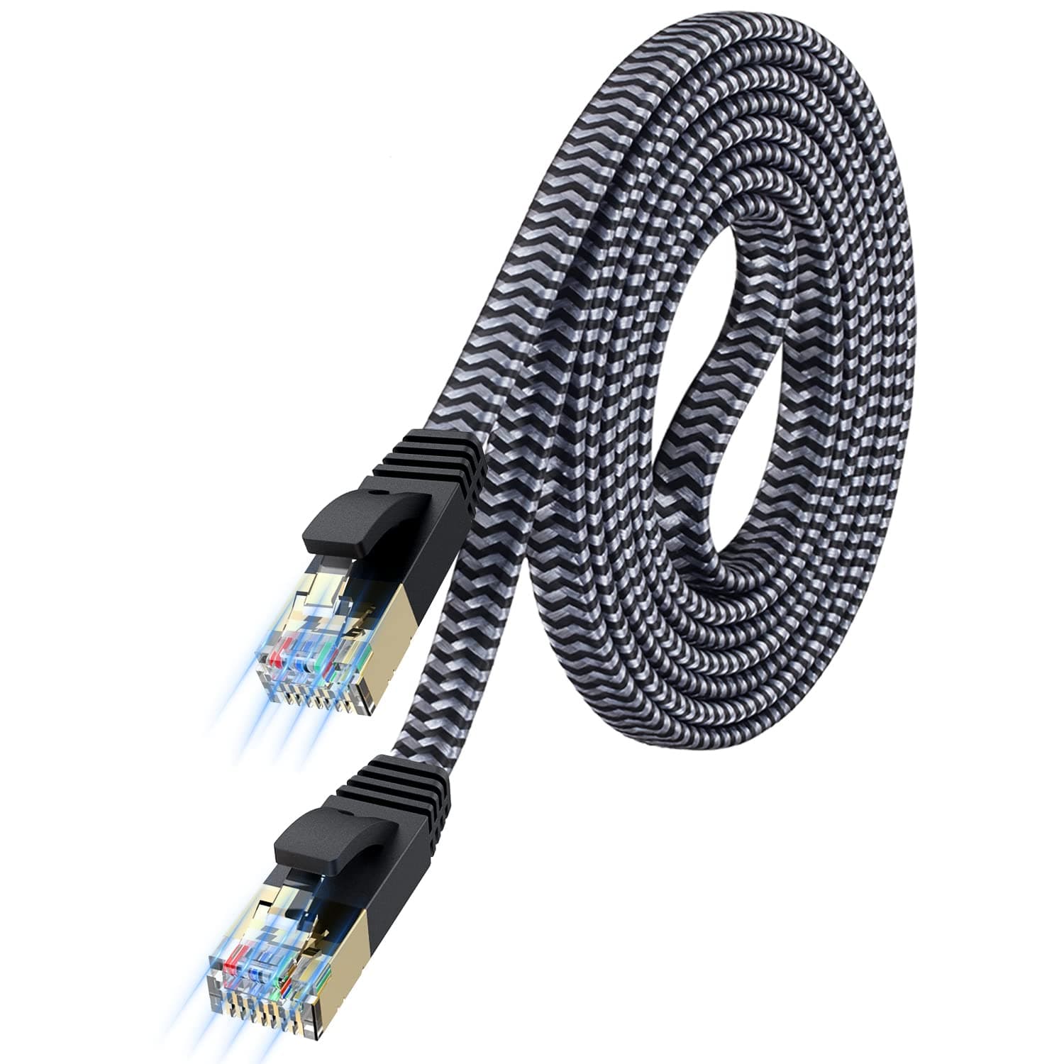 Cat 7 Ethernet Cable 6.6 ft, High Speed Flat Nylon Braided Internet Network Cord, Shielded RJ45 LAN Wire for Gaming PS5 Xbox PC Router Modem Smart TV, Faster Than Cat 6