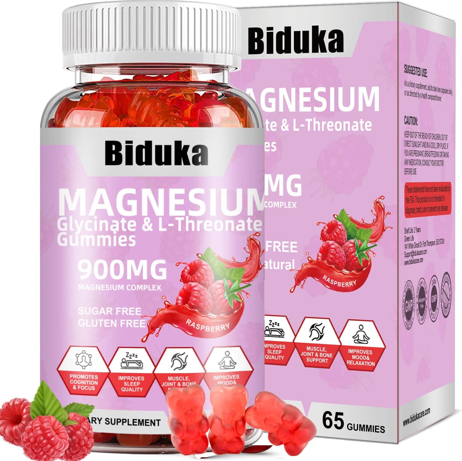 900mg Magnesium Glycinate Gummies, 65 Count, Sugar Free Magnesium Complex with L-Threonate, Potassium, Vitamin D, B6, CoQ10 Supplement for Relaxation, Raspberry Flavor