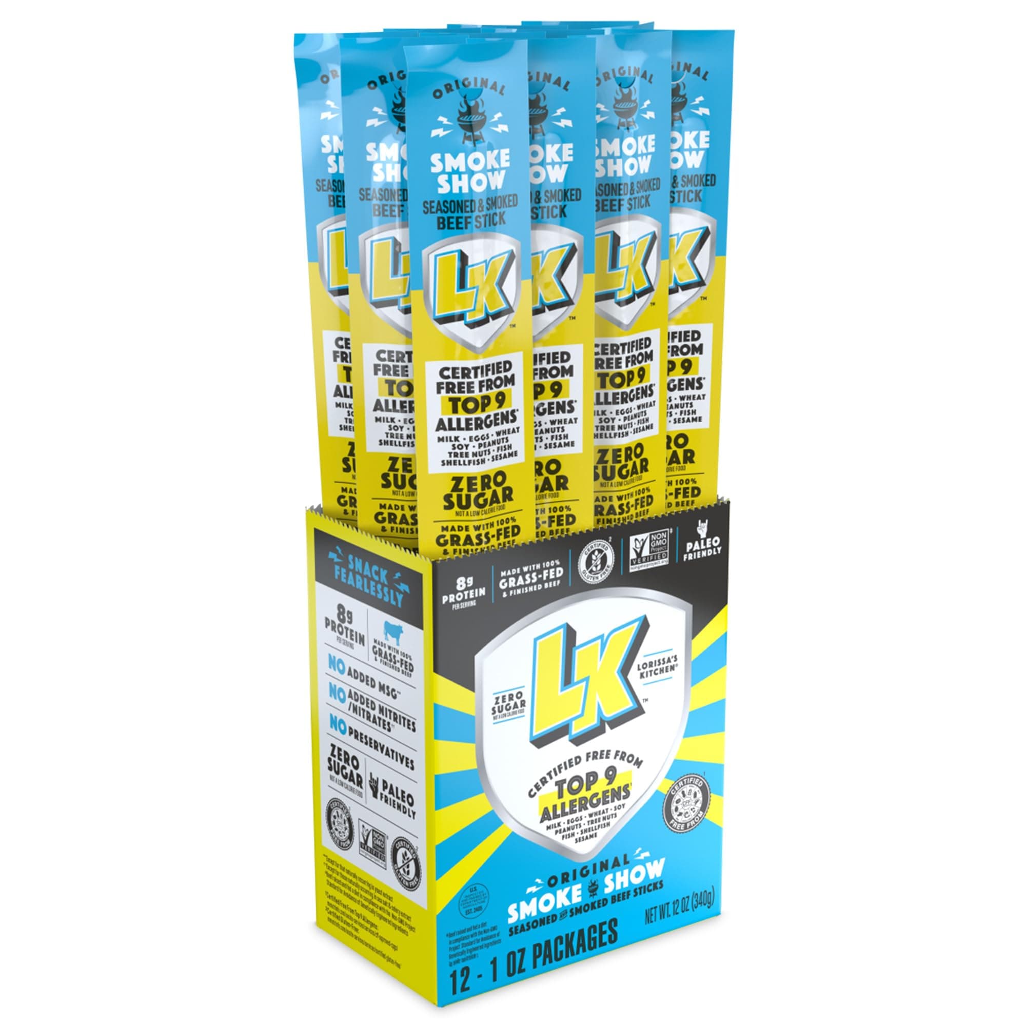 Lorissa's Kitchen Smoke Show Seasoned & Smoked Beef Sticks - (Pack of 12) 1 oz Meat Sticks - Ready to Eat Protein Snacks - Free from Top 9 Allergens - Made with Grass-Fed & Finished Beef - Zero Sugar