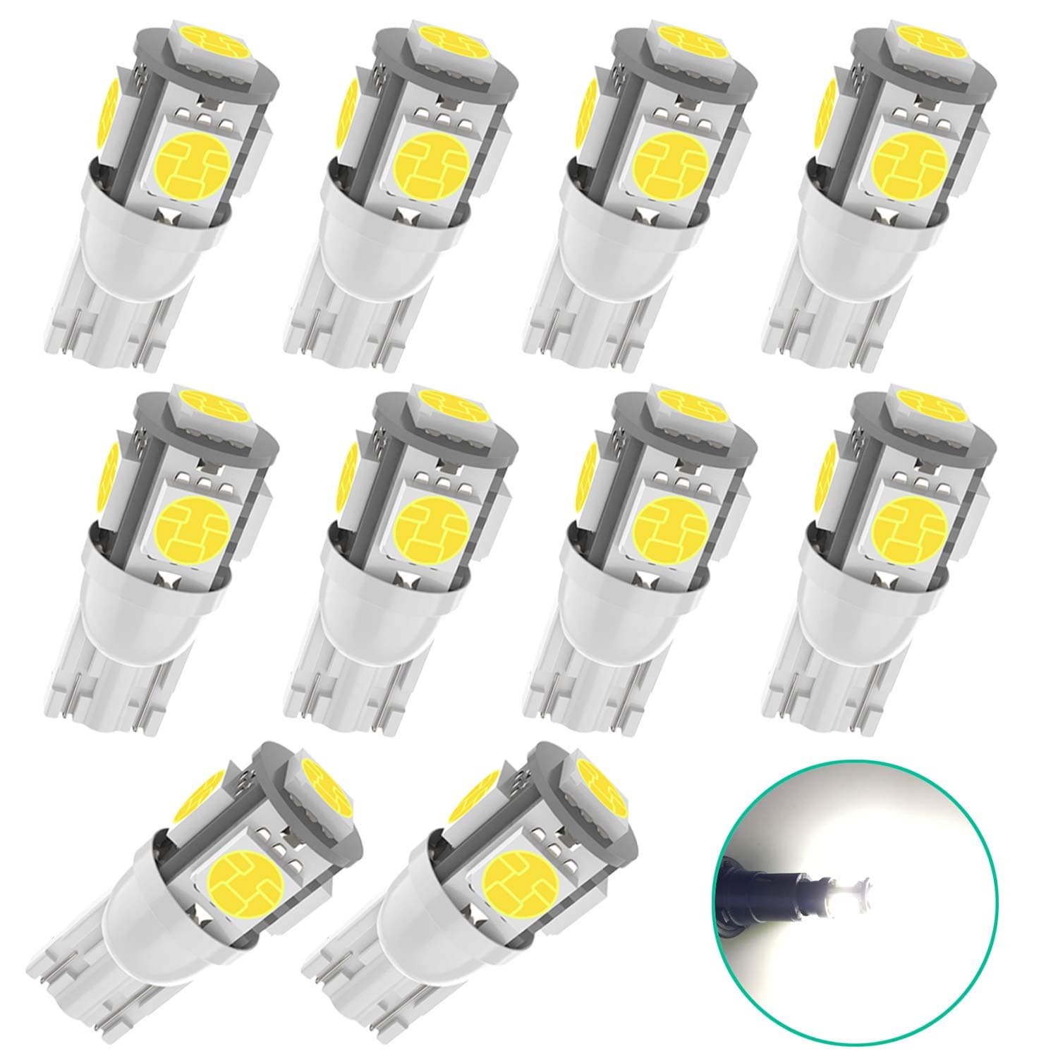 10Pcs White Replacement Socket 194 T10 168 2825 W5W 175 158 Bulb 5050 5SMD LED Light,12V Car Interior LED Light Bulbs For Map Dome Lamp Courtesy Trunk License Plate Dashboard Parking Lights