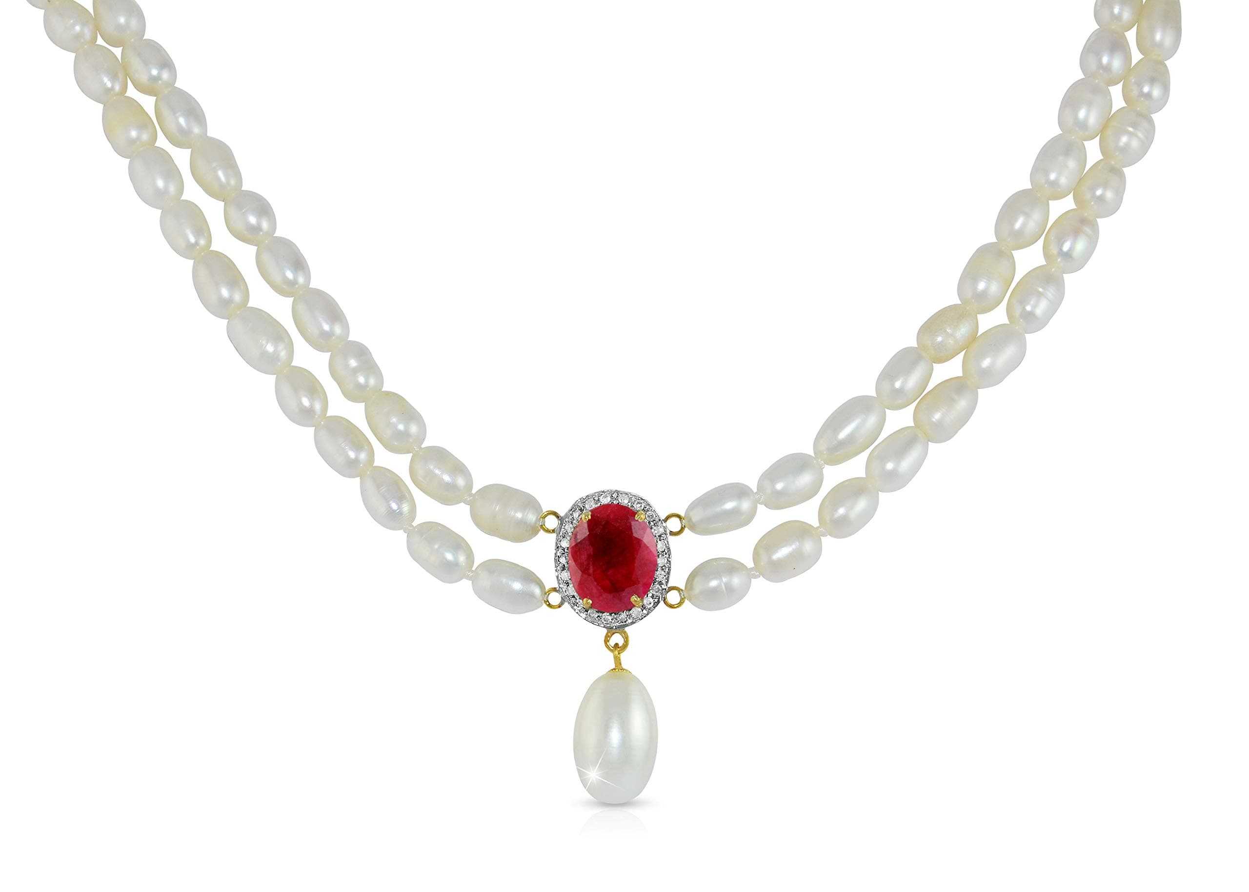 Vera Perla Women's 18K Gold 0.12ct. Diamonds, Oval Ruby & Pearl Necklace
