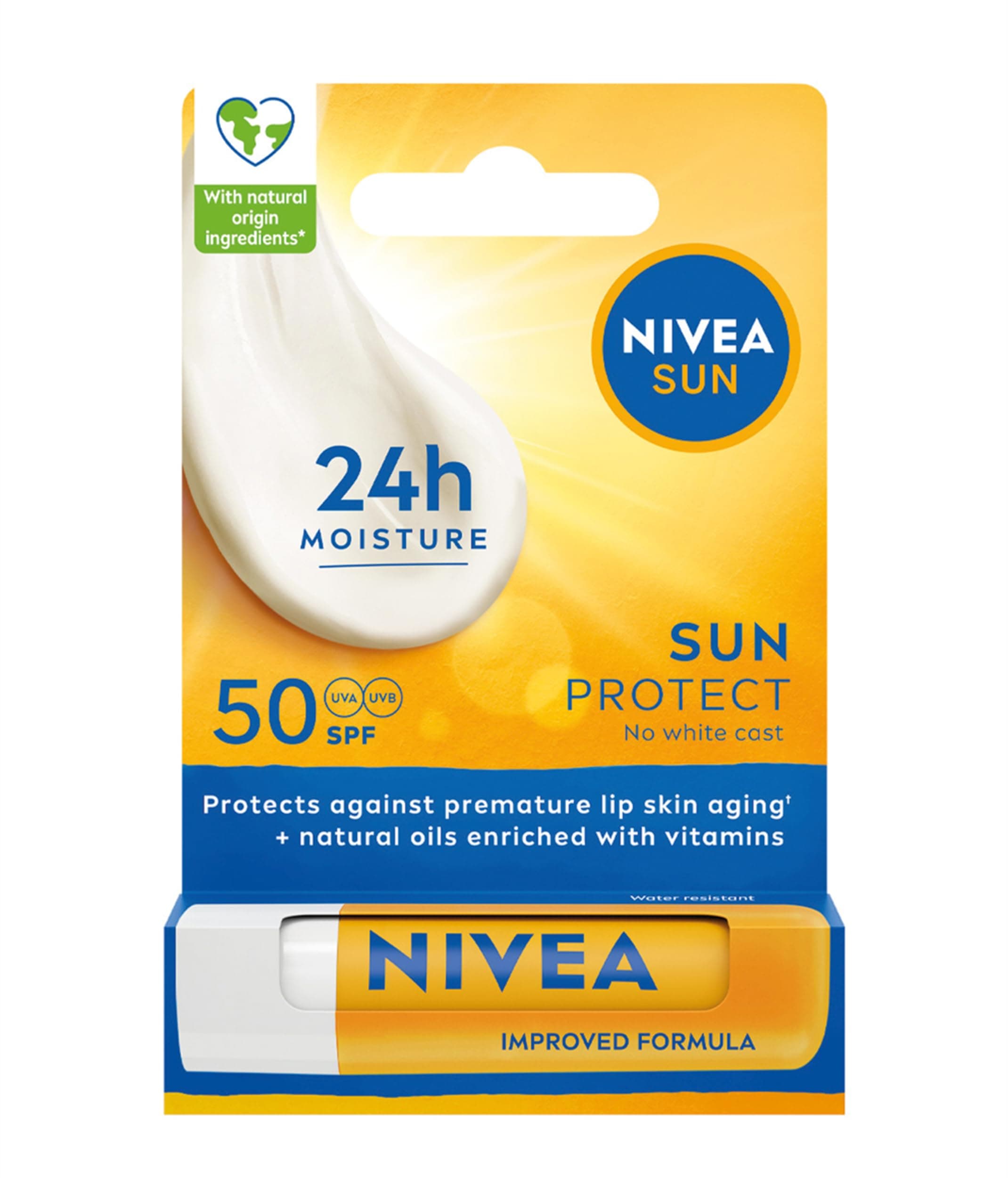 NIVEA SUN Protect Caring Lip Balm SPF50 (4.8g), Factor 50 Balm with Shea Butter, Protection Against UVA/UVB Rays with 24H Moisture, Lip Care, No White Cast
