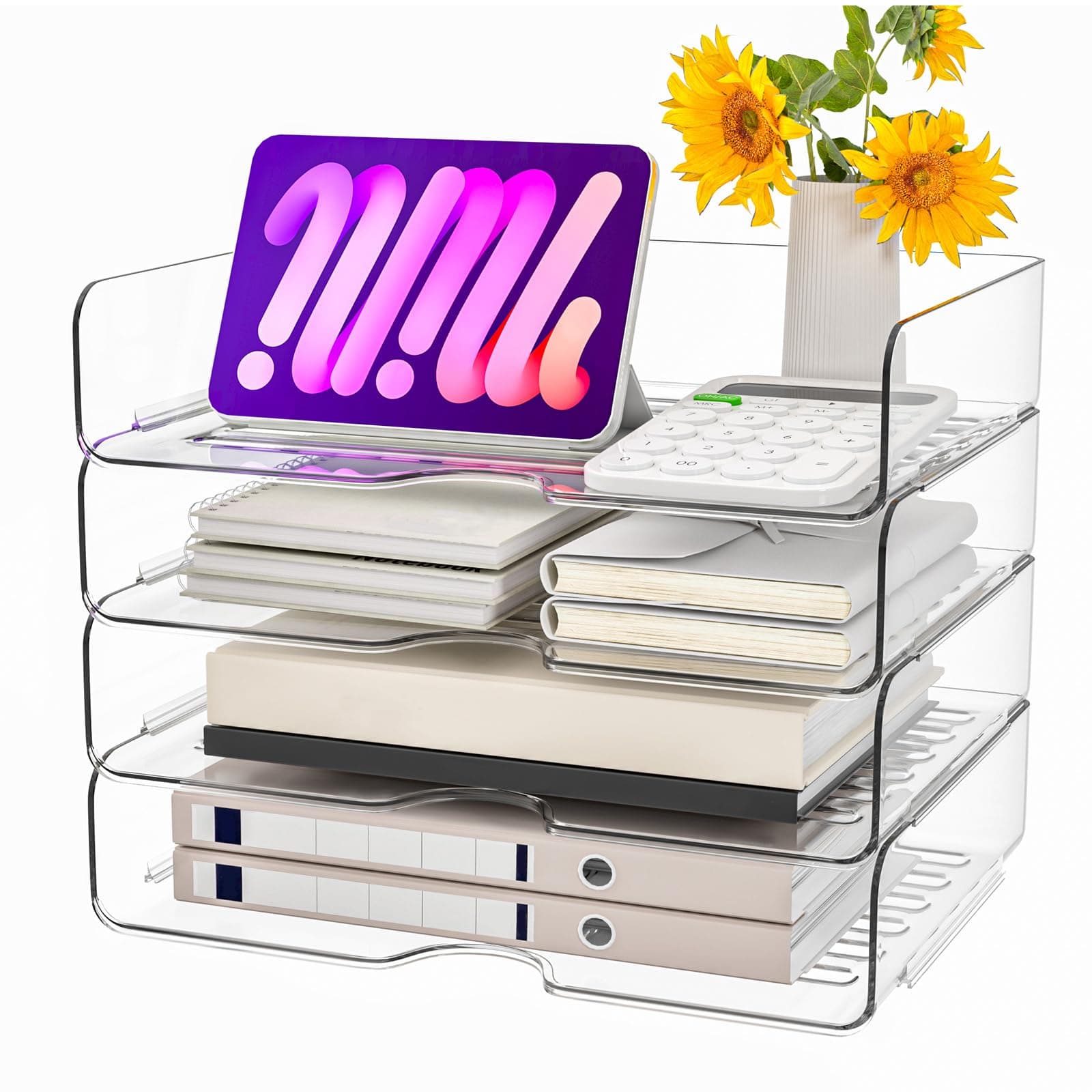Paper Organizer Letter Tray, 4 Pack Acrylic Stackable Desk File Organizer,Clear Office Organizer for File Paper, Ipad, Letter, A4 Office File, Books, Notes, Etc