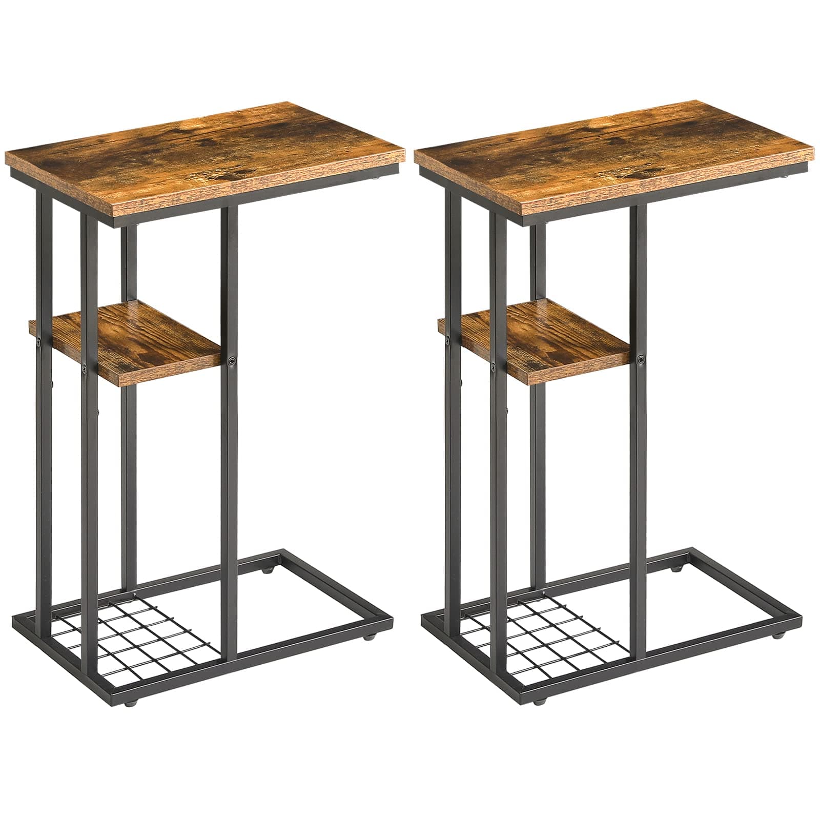 YMYNY C-Shaped End Table Set of 2, Side Table for Sofa and Bed, Coffee Table for Small Spaces, Living Room, Bedroom, Industrial Small Table with Storage Shelf and Metal Frame, Rustic Brown, HST004H-2
