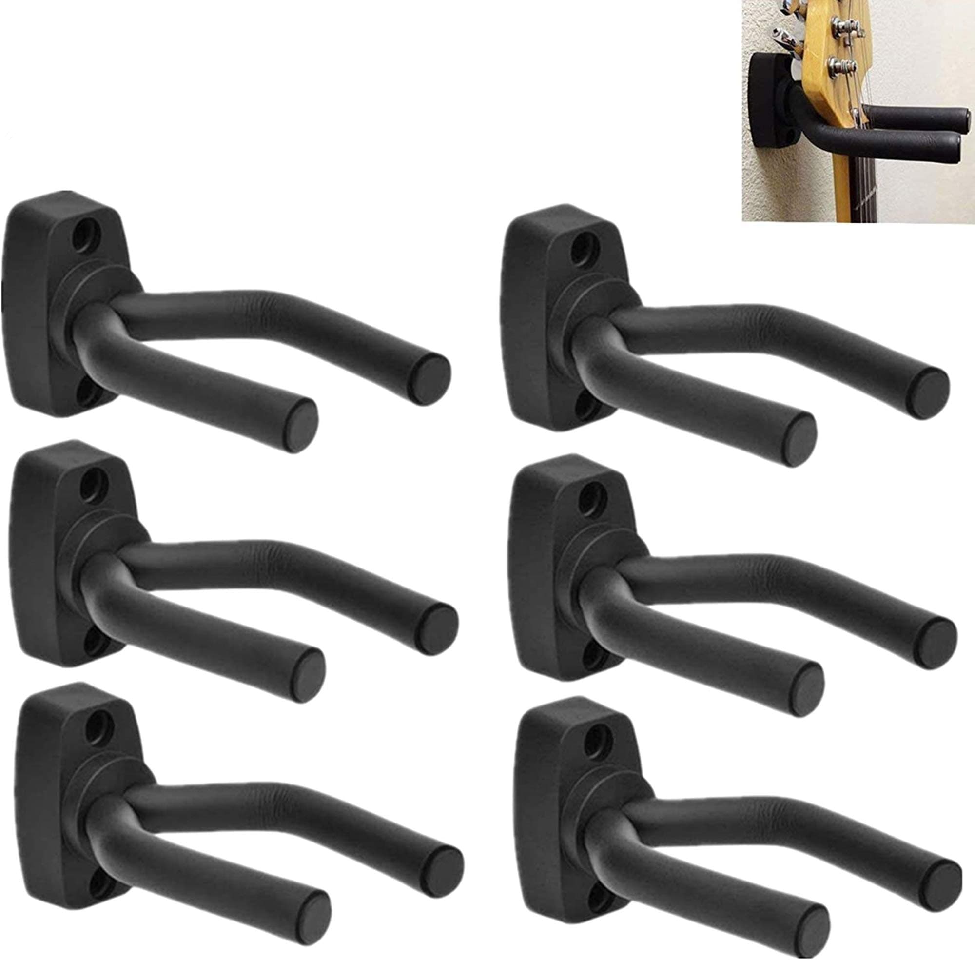Guitar Wall Mount Hanger 6 Pack, Guitar Hanger Wall Hook Holder Stand Black Display with Screws - Easy to Install - Fits All Size Guitars, Bass, Mandolin, Banjo, Ukulele