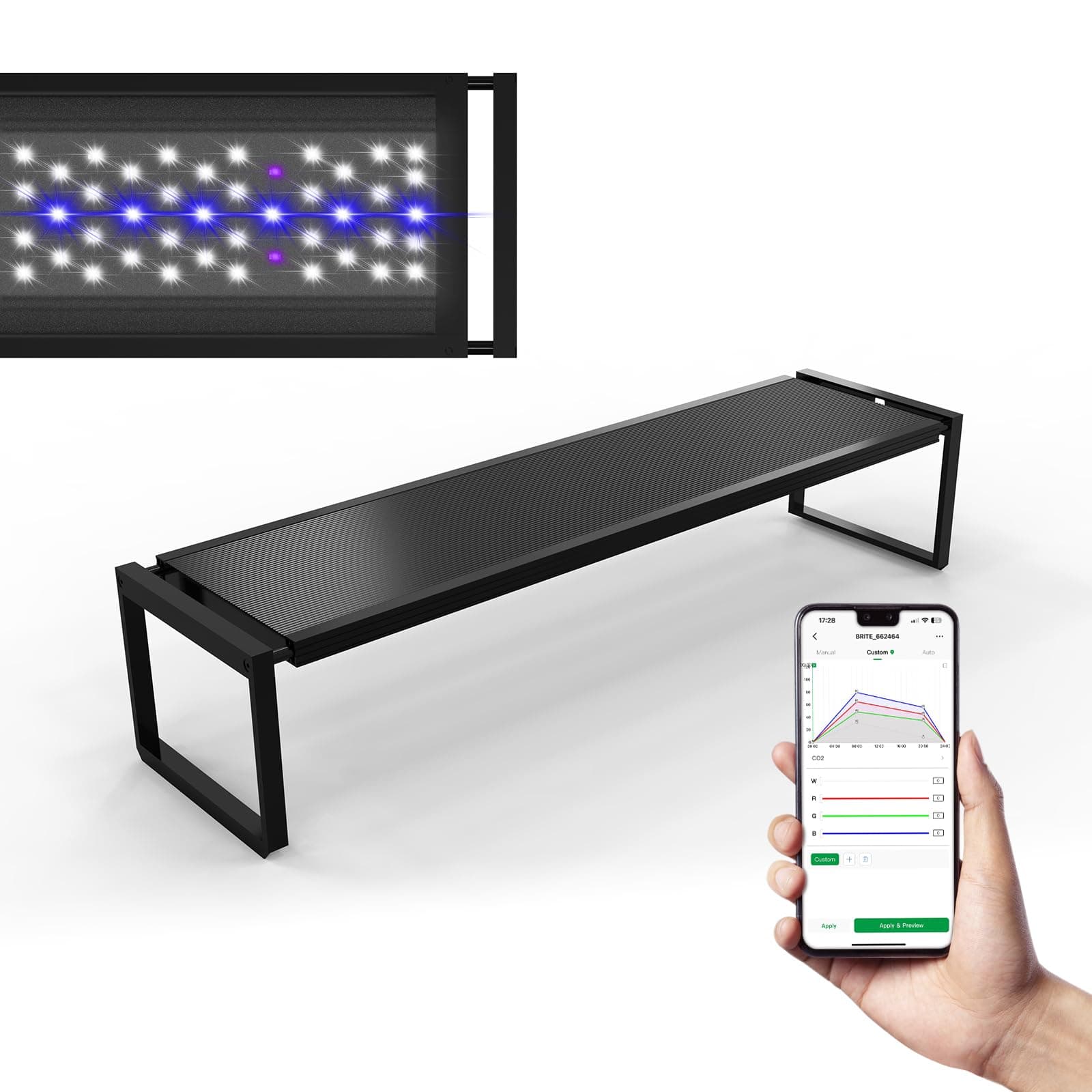 MagTool Brite Series Auto Aquarium LED Light with App-Controlled RGB+W LEDs, ADA Style Extendable Bracket, Supports Custom Sunrise/Sunset Colors in Manual/Auto/Custom Modes (Brite 60)