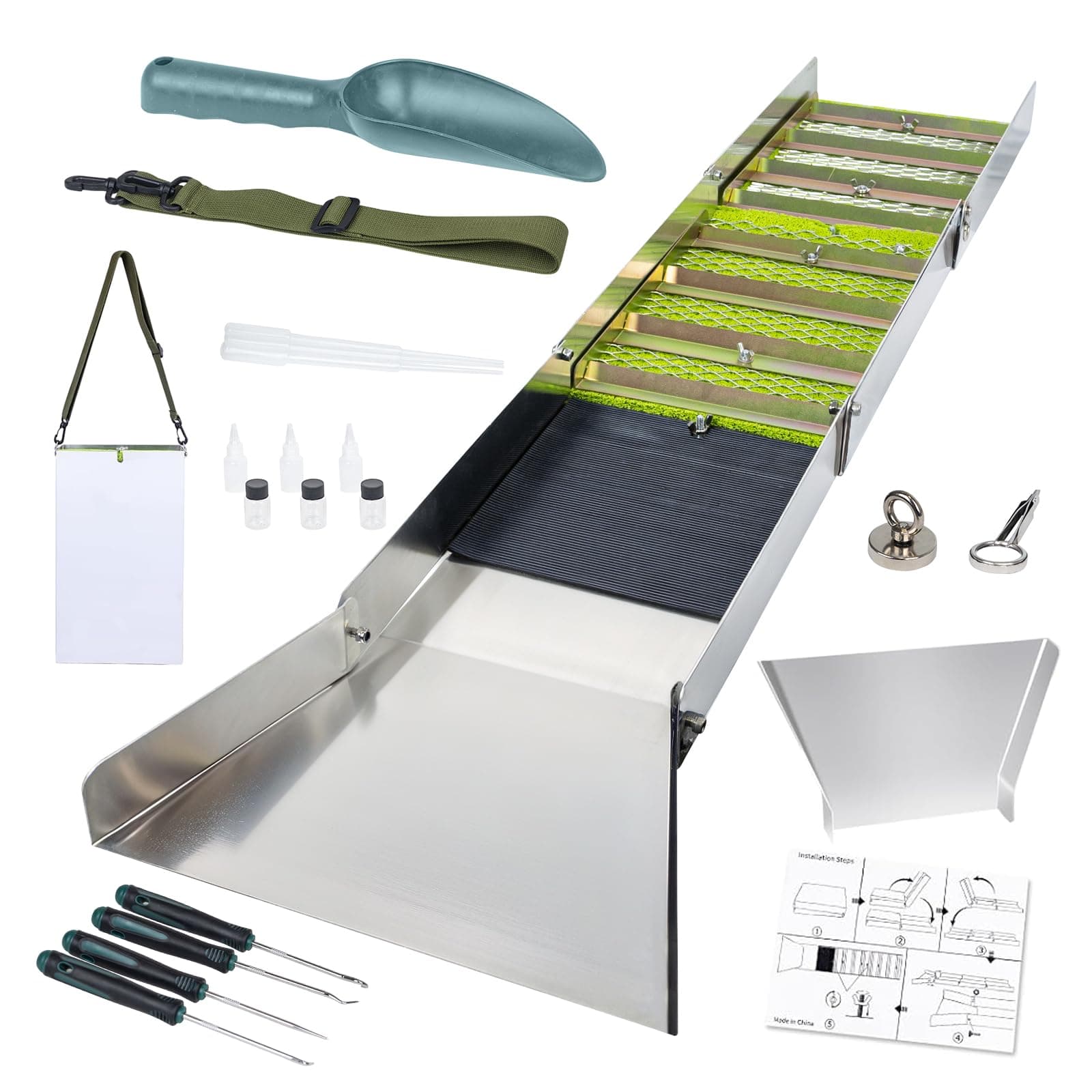 20pc Complete Gold Panning & Prospecting Kit with 50" Folding Sluice Box, Portable Aluminum Alloy Mining Equipment for Adults, Includes Crevice Picks, Magnifier, Magnet, Vials & Accessories