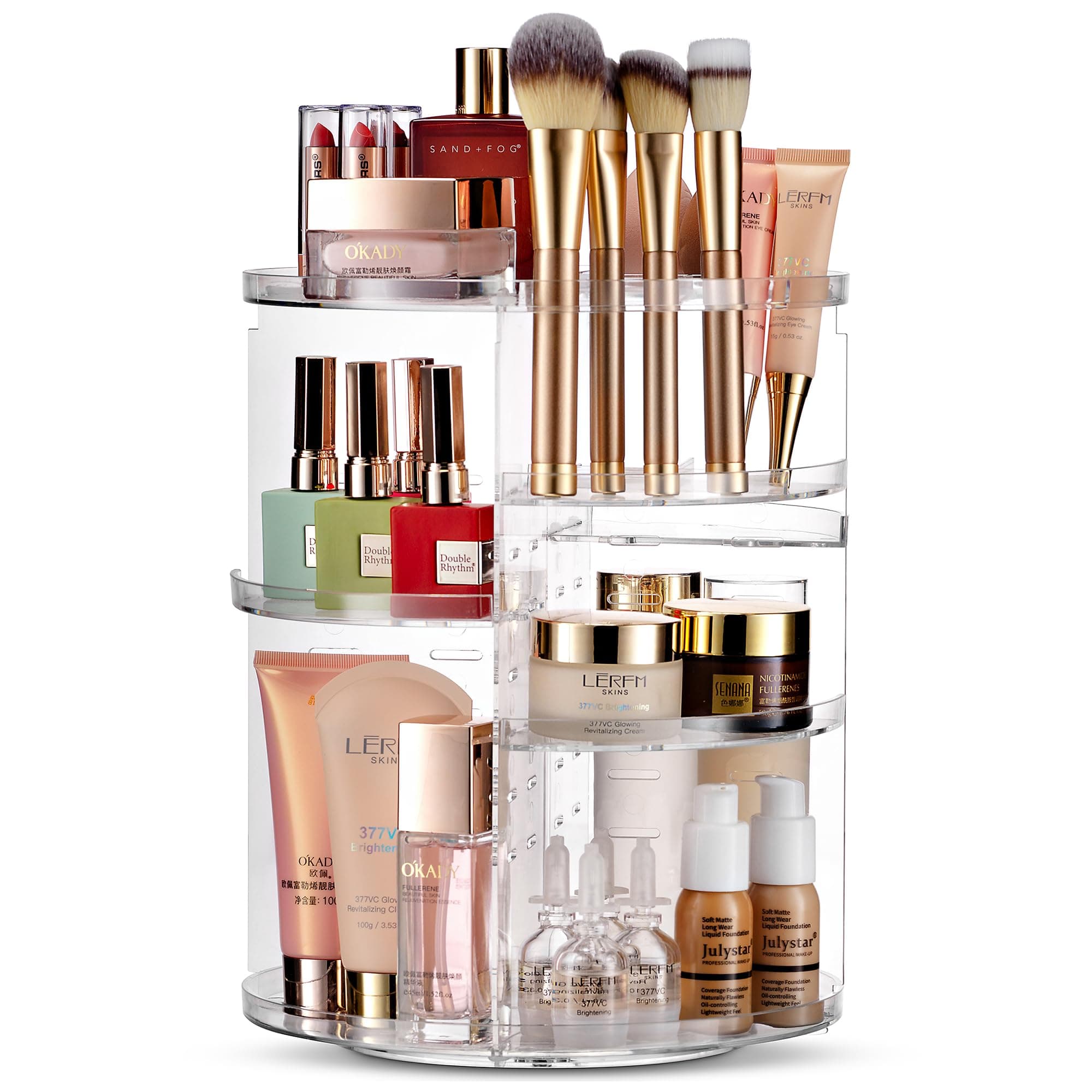 Masirs 360 Rotating Makeup Organizer - Adjustable Shelf Height and Fully Rotatable. The Perfect Cosmetic Organizer for Bedroom Dresser or Vanity Countertop. (Clear)