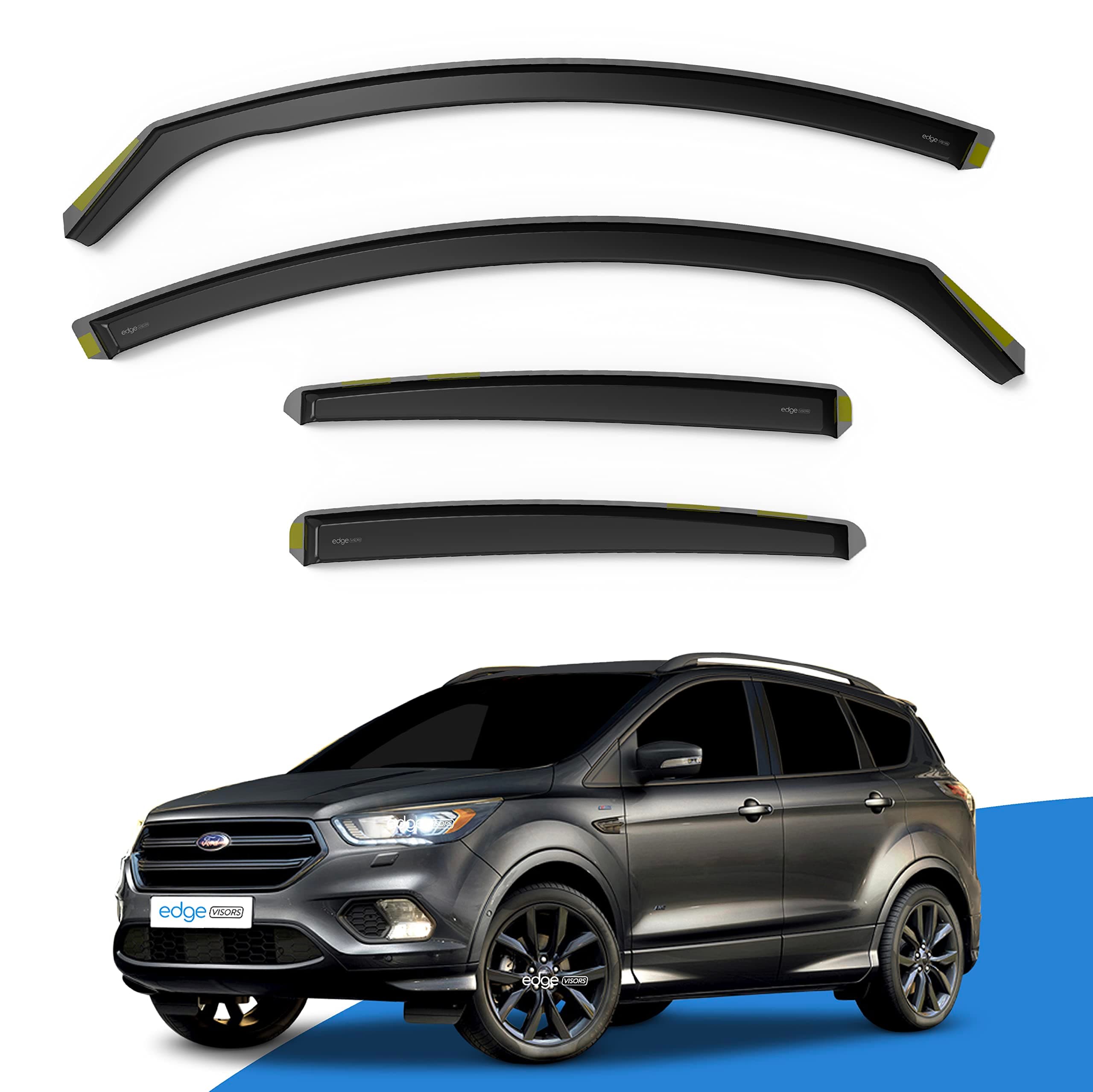 EdgeVisors Wind Deflectors | Fits: Ford Kuga MK2 (2012-2019) 5 Door SUV 4pc Set | In-Channel Rain Guards for Wind, Rain & Sun Protection, Easy Installation - Tinted