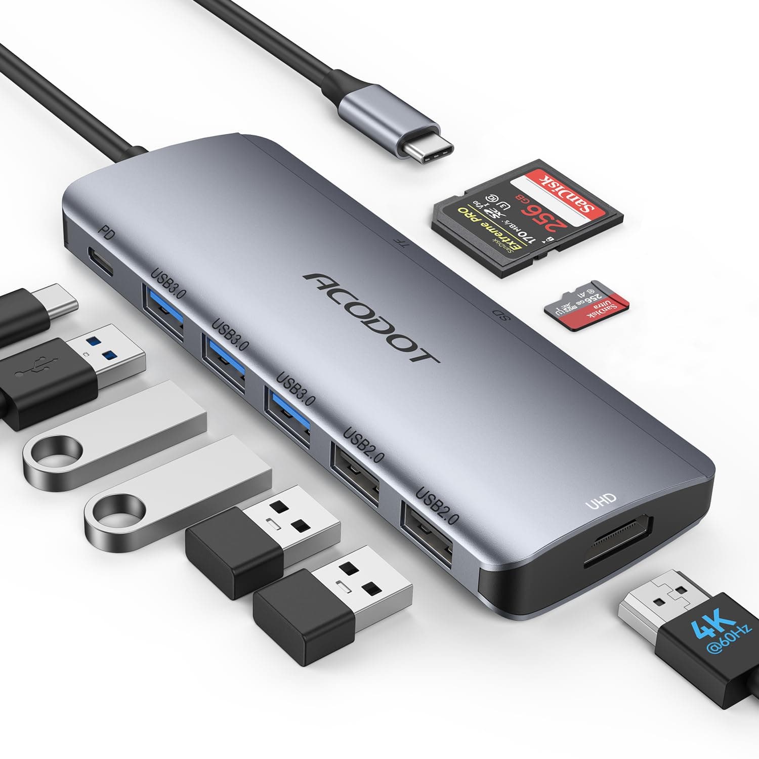 Acodot USB C Hub, 9 in 1 USB C to 4K@60HZ HDMI Multiport Adapter, 3 USB 3.0 Ports, SD/TF Card Reader, 100W PD, Desigend for MacBook Pro Air HP XPS and Other Type C Devices