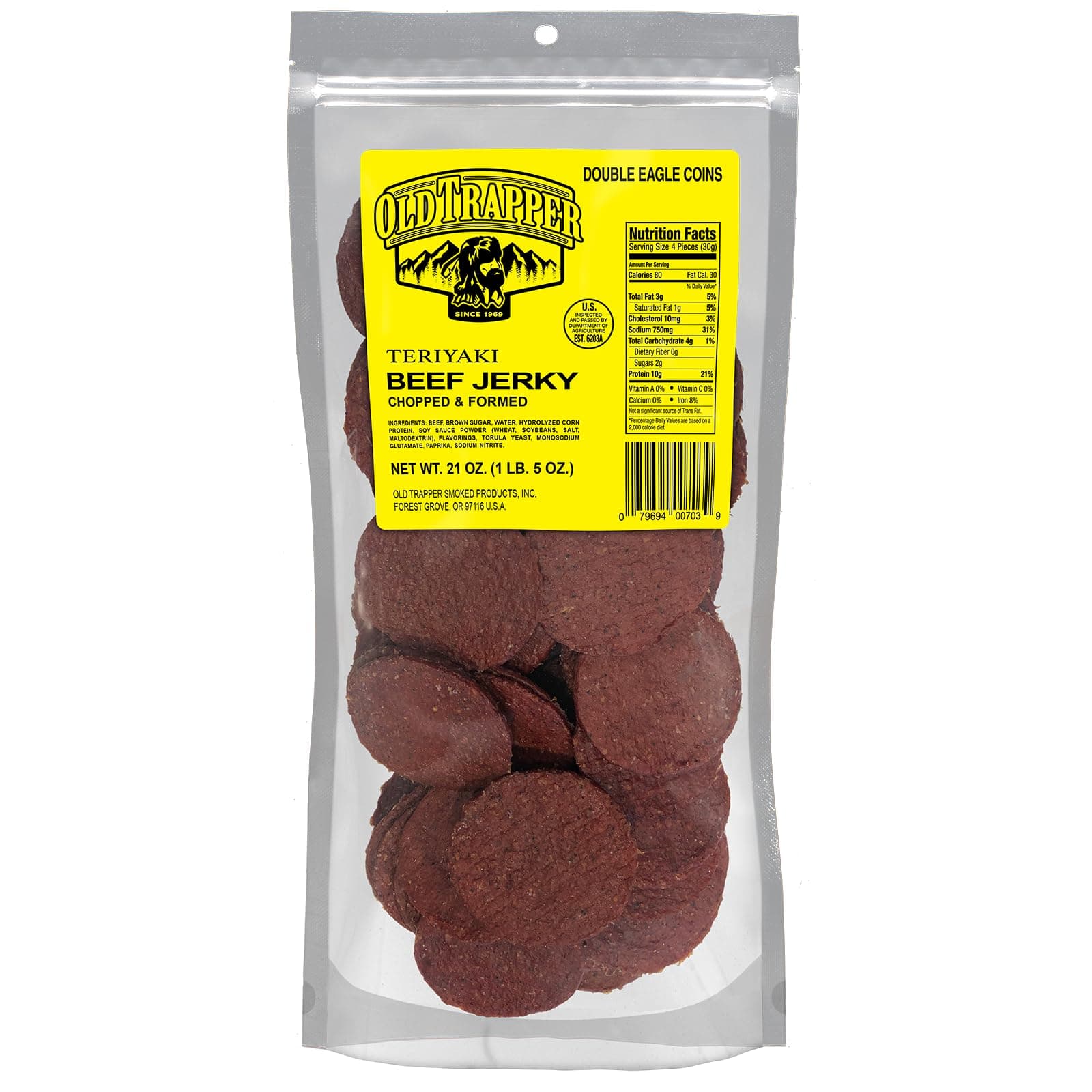 Old Trapper Double Eagle Beef Jerky, Teriyaki Flavor, 21 Ounce Package, Natural Wood Smoked Meat Snacks, 10 Grams of Protein and 80 Calories per Serving (Pack of One)