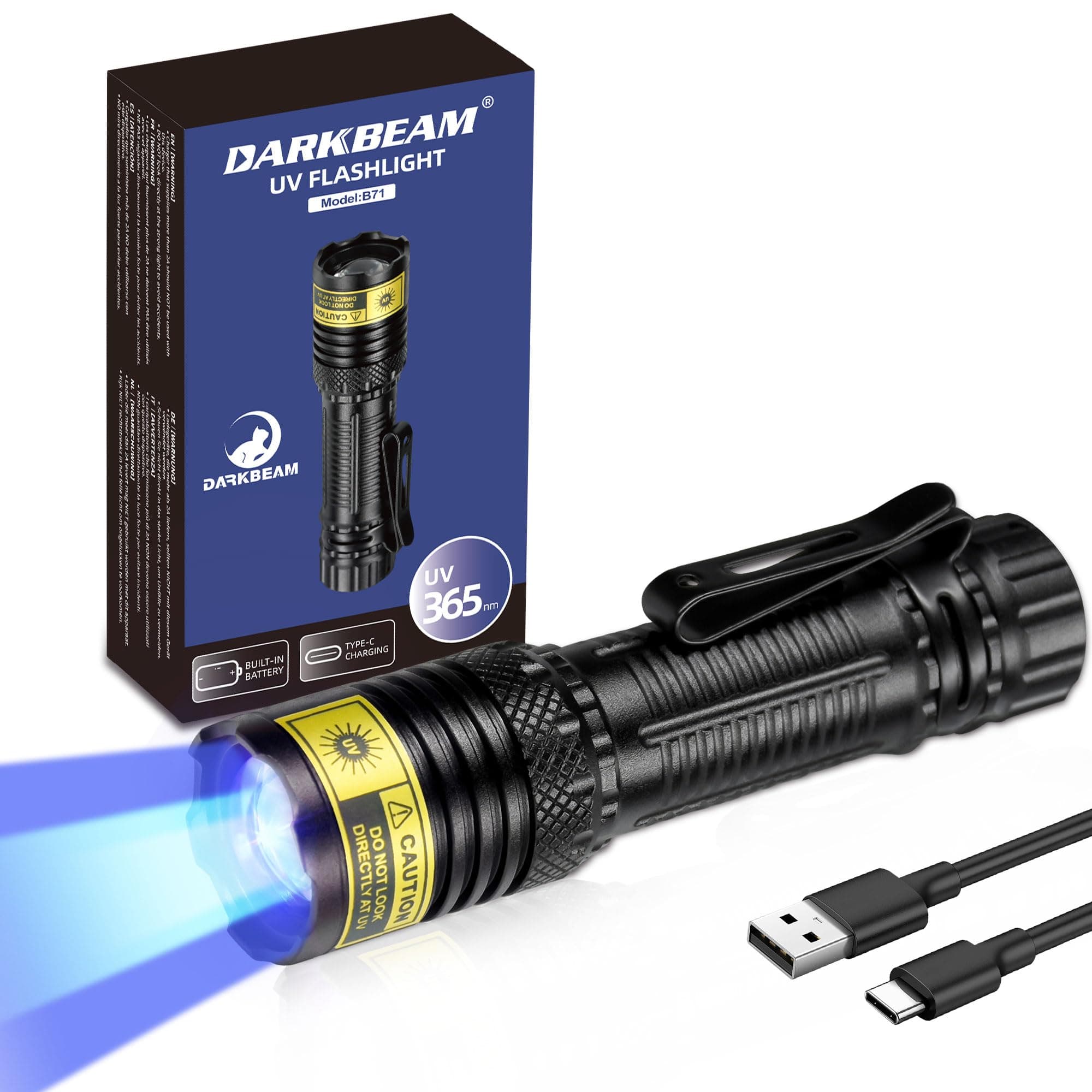 DARKBEAM 365nm UV Flashlight Black Light, Mini but Powerful Blacklight USB- C Rechargeable, Focusable Woods Lamp Water Resistant, Detector for Pet Urine, AC Leak Detection, Curing Resin