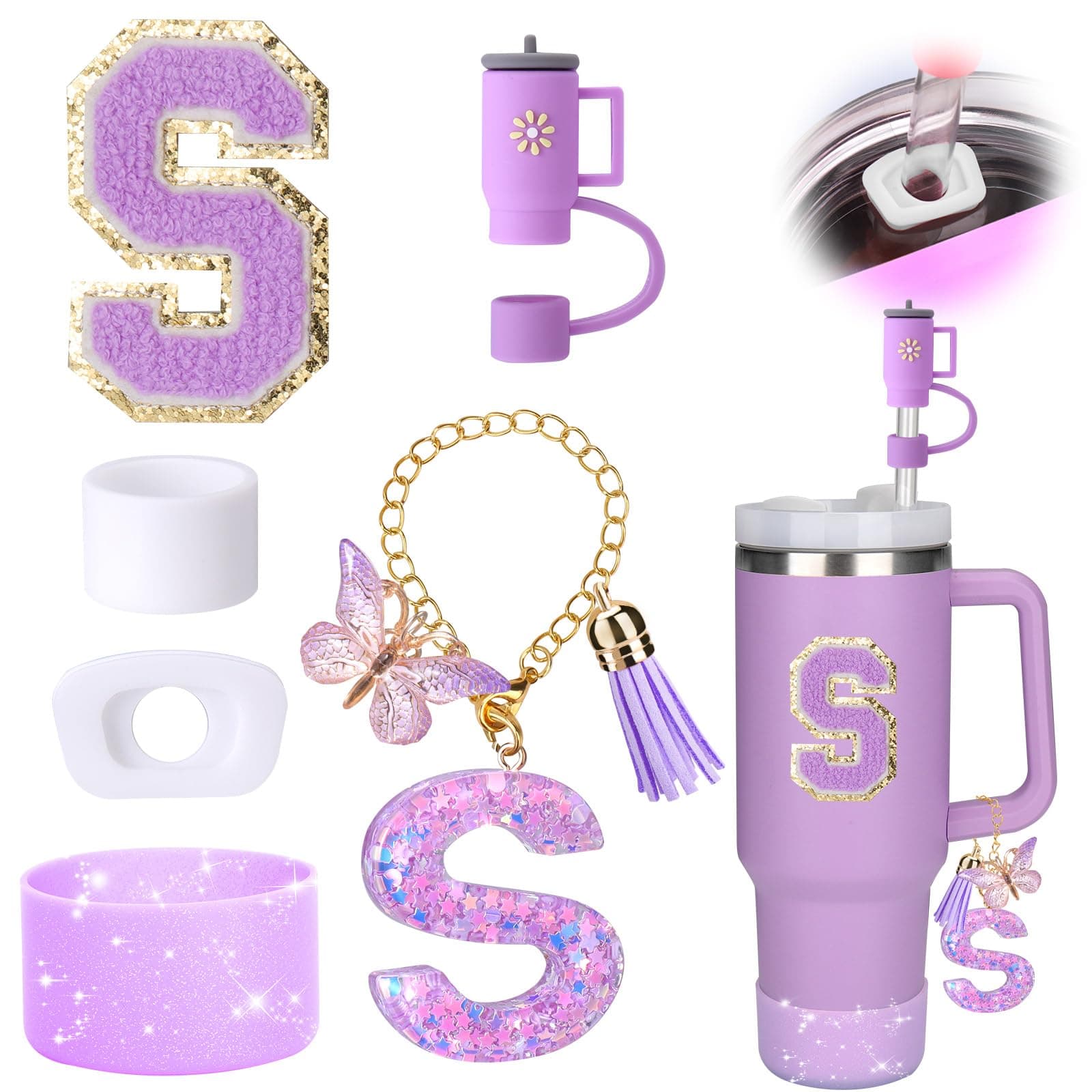 Mity rain 6PCS Cup Accessories Set for Stanley Cup 30oz 40oz tumbler with handle, Including Silicone Straw Topper Cover Cap and Boot, Spill Proof Stopper, Handle Charm, Initials Sticker (Letter S)