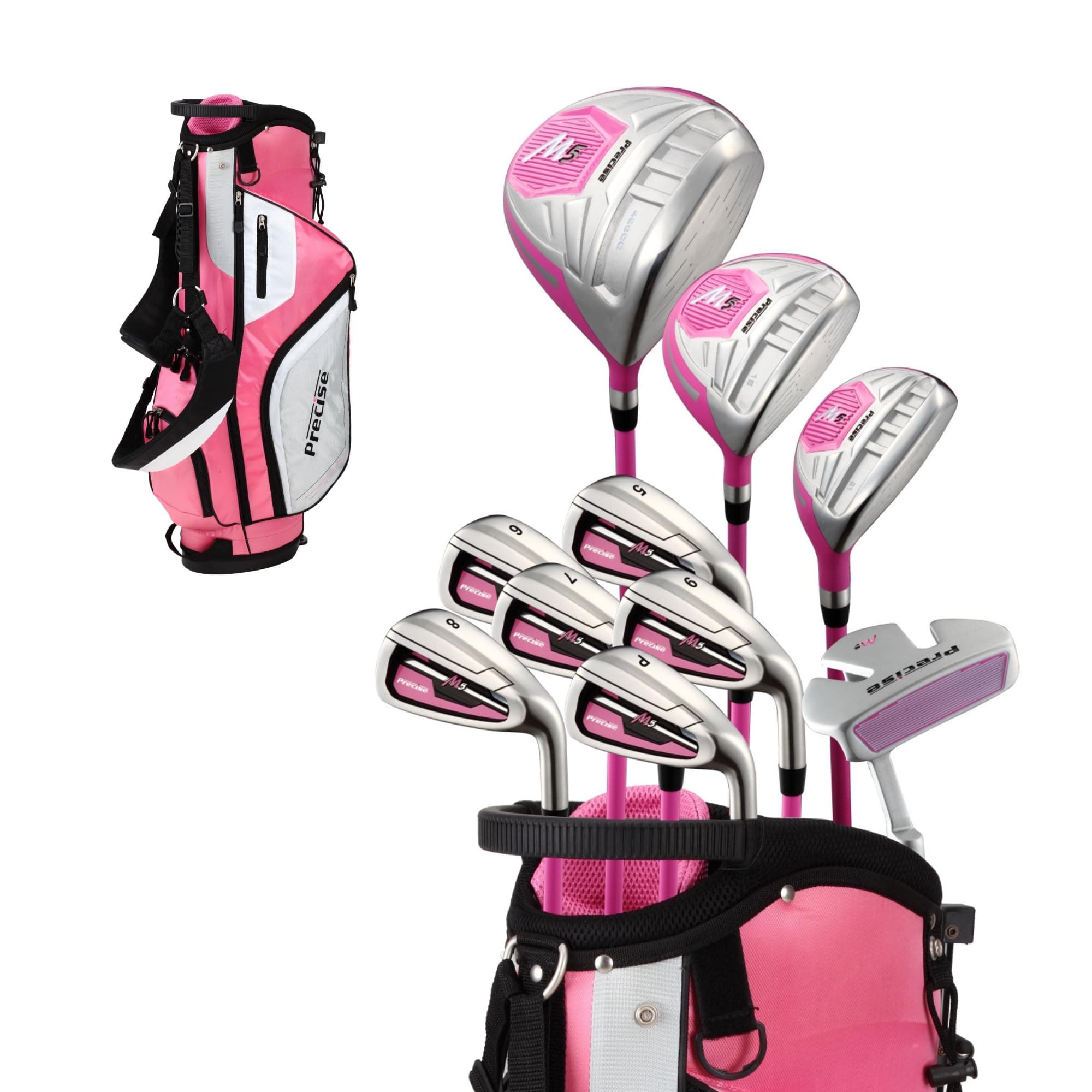 PreciseGolf Co. Precise M5 Ladies Golf Club Set Complete Right Handed Including Titanium Driver, S.S. Fairway, S.S. Hybrid, S.S. 5-Pw Iron, Putter, Stand Bag, 3H/C'S Pink