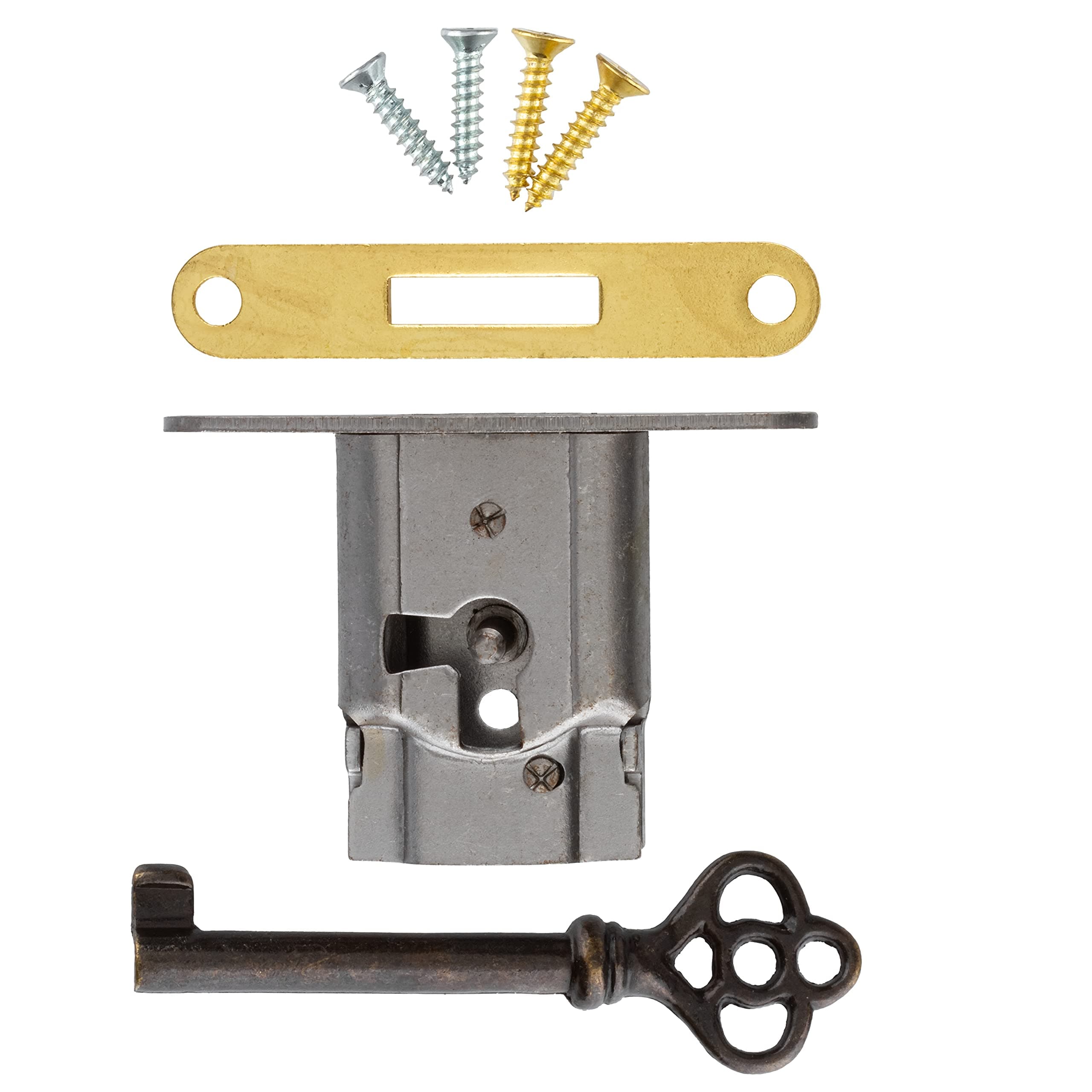 Full Mortise Lock with Plate and Skeleton Key for Right Hand Cabinet Door, Desk or Dresser Drawer - Antique Furniture Hardware | UA-035-L
