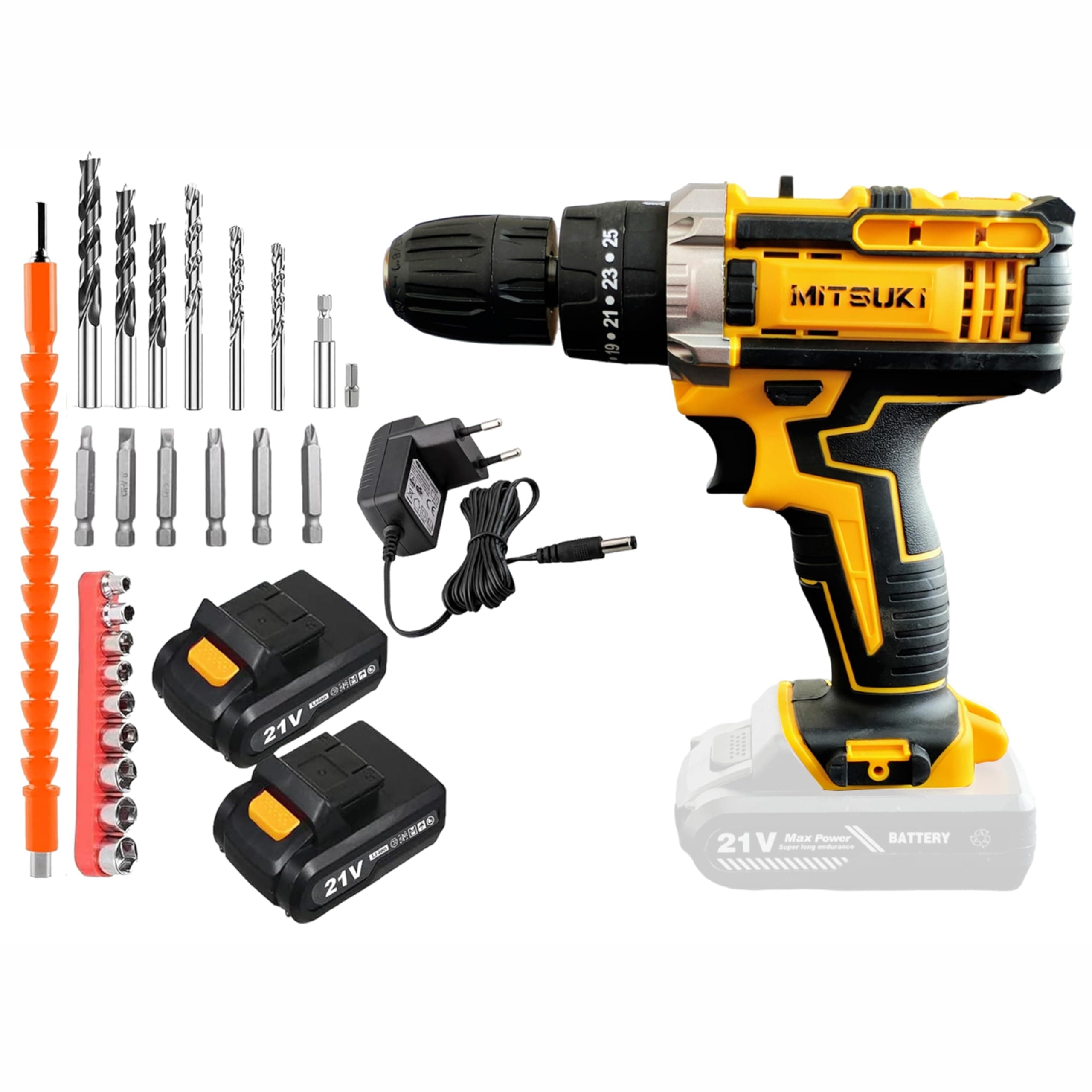 Mitsuki 21V Cordless Impact Drill | 10MM Chuck, Variable Speed, LED Light, 2 Batteries, Fast Charger, Case & 24Pcs Set โ Perfect for Concrete, Wood, Metal Drilling, & Torque Screw | MI57