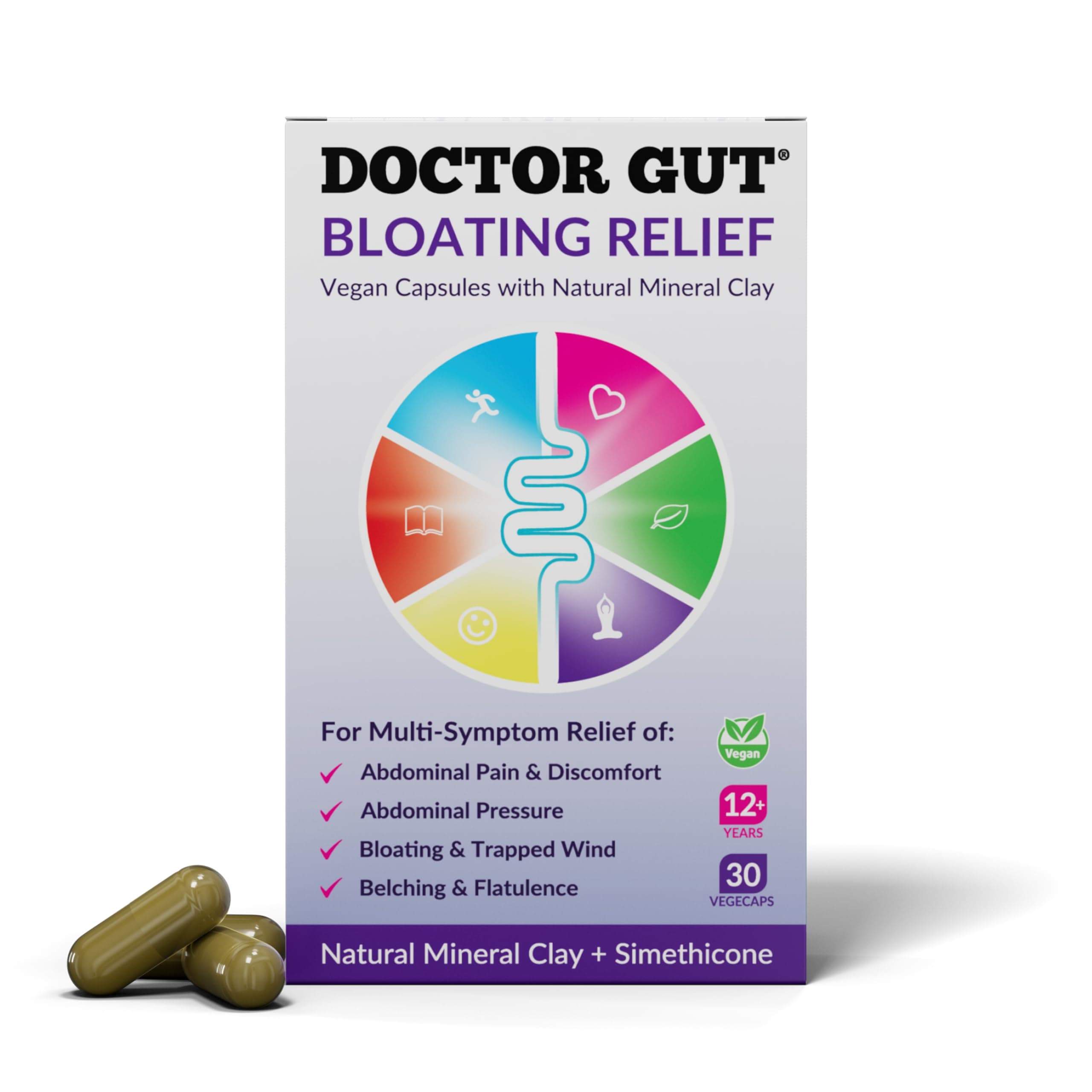 Bloating Relief Capsules, 30 Caps - Stomach Pain Relief, Bloating Relief, Trapped Wind & Gas Relief - Drug-Free, Natural Clay, Expels Harmful Causes of Gas & Flatulence