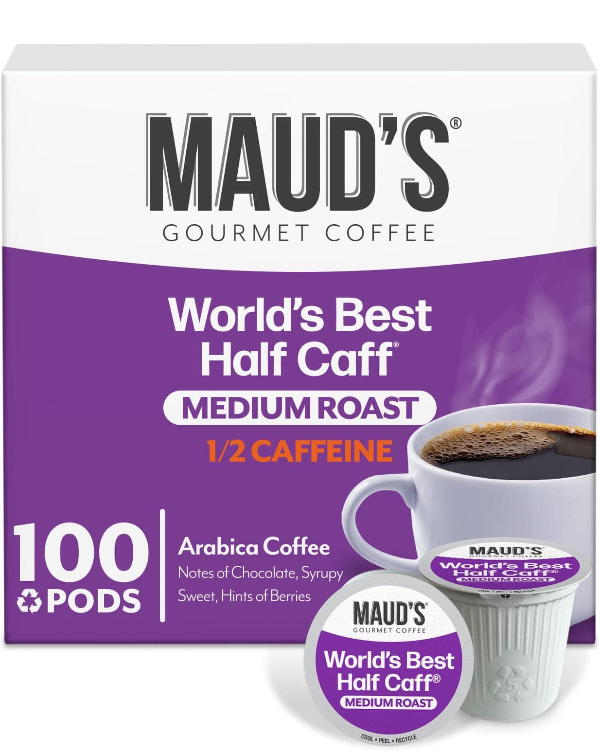 Maud's Half Caff Coffee Pods, 100 ct, Medium Roast Coffee in Single Serve Pods – 100% Arabica Coffee, Compatible with Keurig K Cups Maker