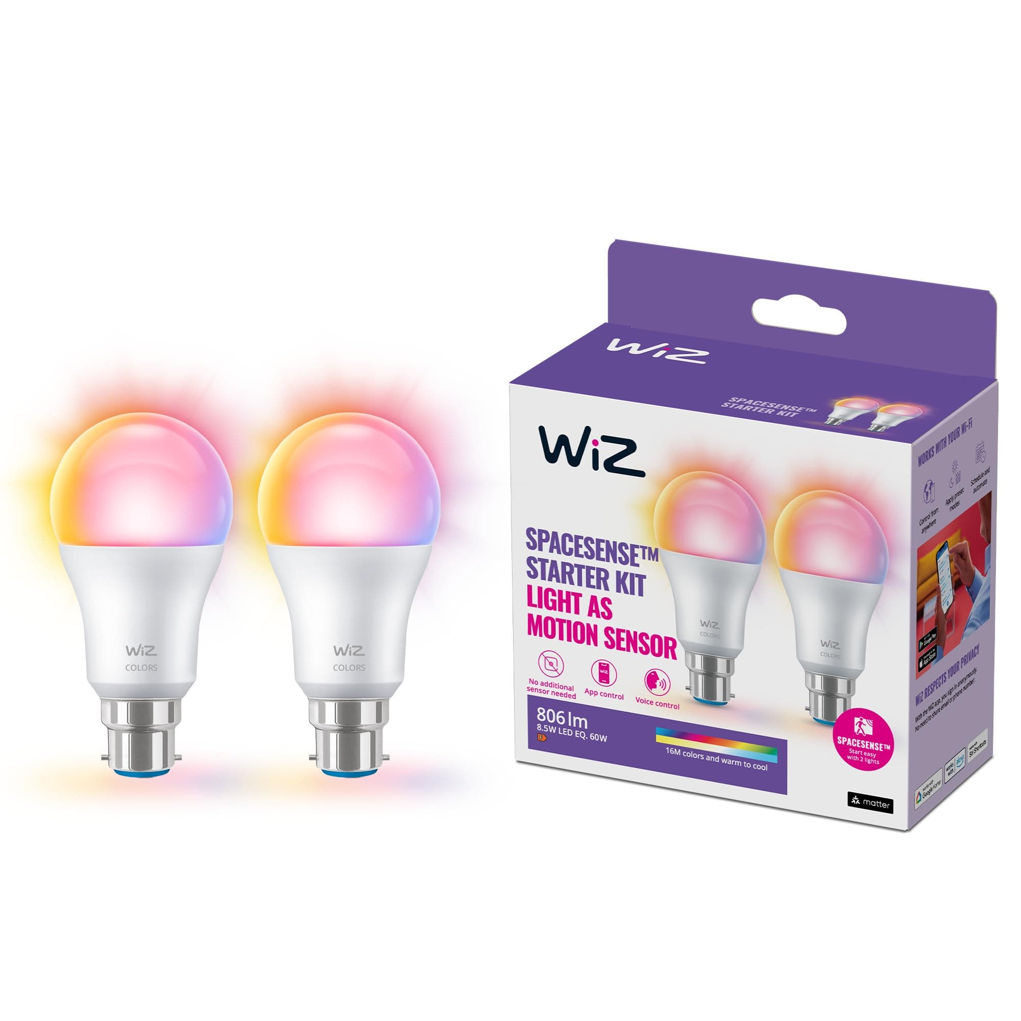 Smart Bulb, B22 Colour, Dimmable, Smart LED Connected WiFi Works with Alexa, Google Assistant & HomeKit, App Control for Home Indoor Lighting, Livingroom, Bedroom, Energy Monitoring, 2 Pack