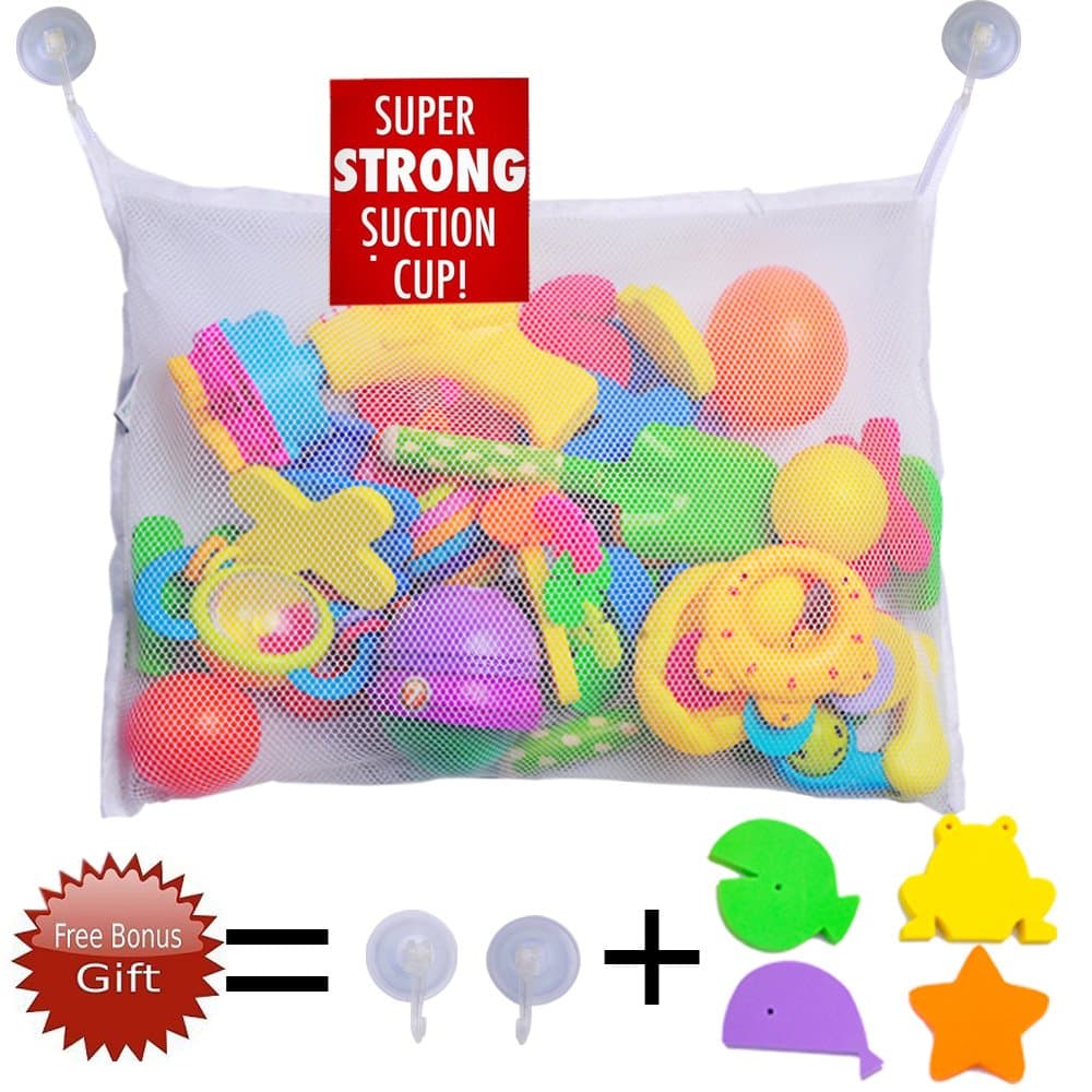 AsmallFish Baby Bath Toy Organizer with Durable Large Mesh Storage Bag + 2 Extra Strong Suction Cups + 4 Bath Toys For Toddlers。 White .