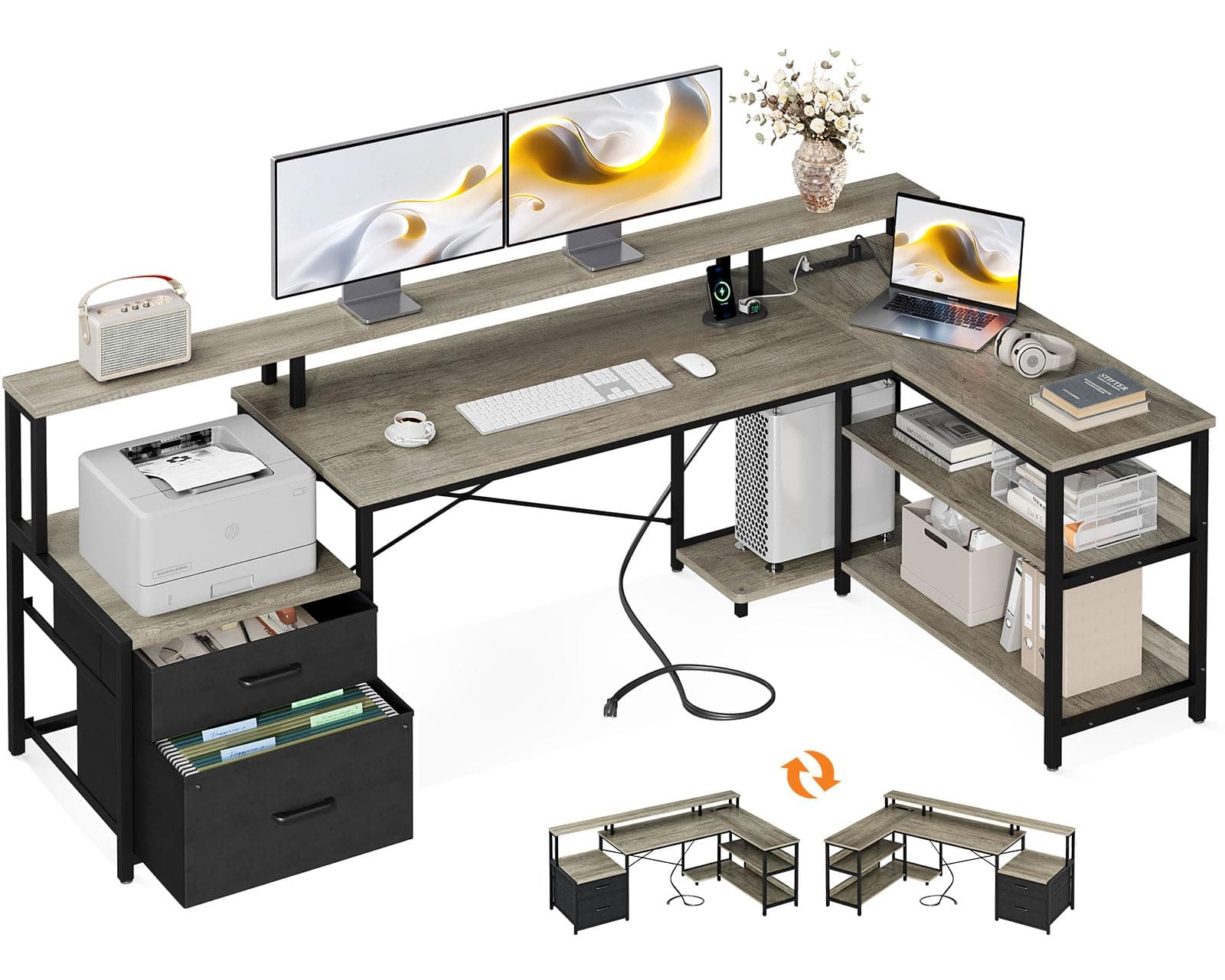 75" L Shaped Desk with File Drawers, Work from Home Office Desk with Power Outlet, Reversible Computer Desk with Storage Shelves, Gaming Desk with Monitor Shelf, Corner WFM Table, Grey Oak