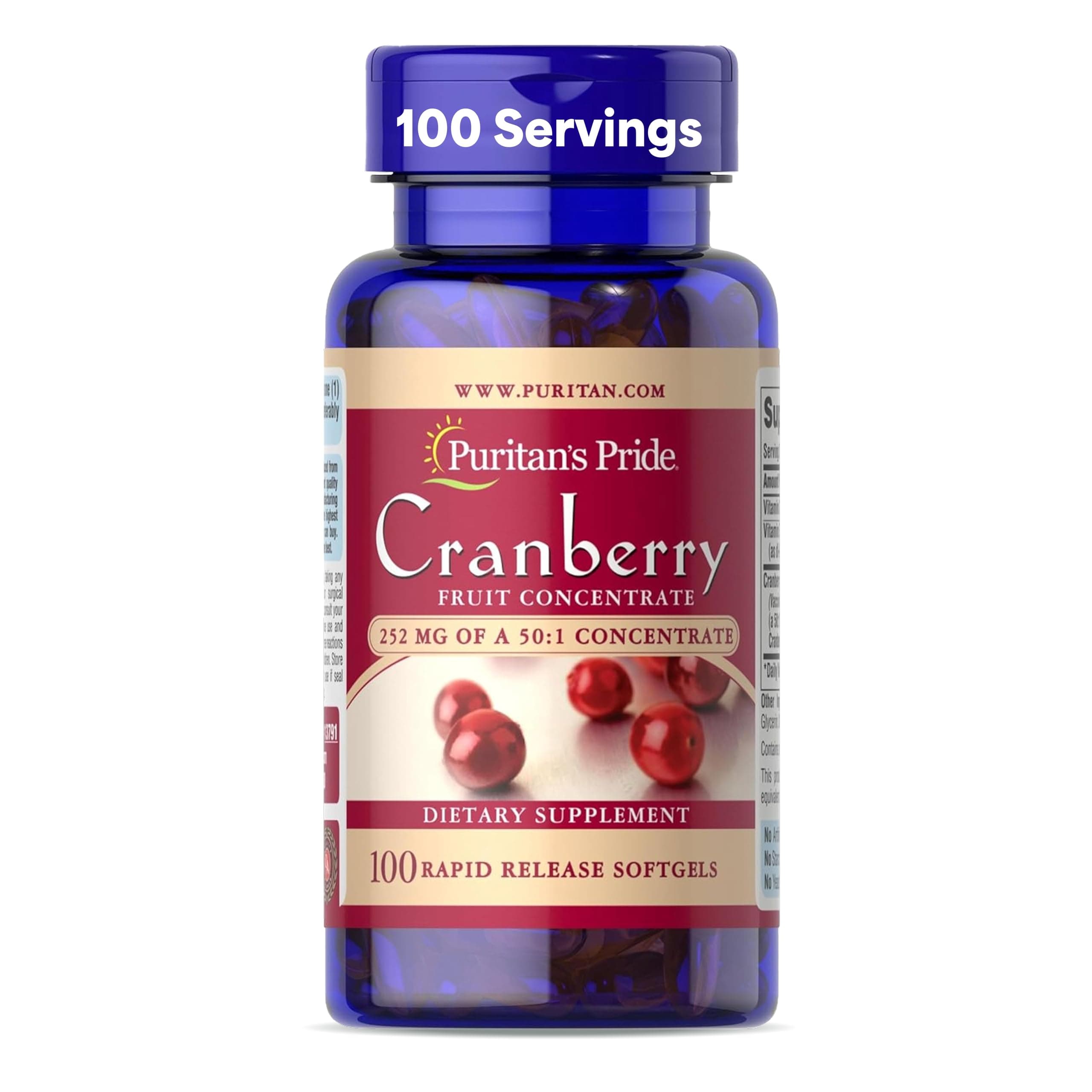 Premium Cranberry Fruit Concentrate 252mg (12,600mg Equivalent) with Vitamins C and E, Dietary Supplement for Immune System Support, 100 Rapid Release Softgels