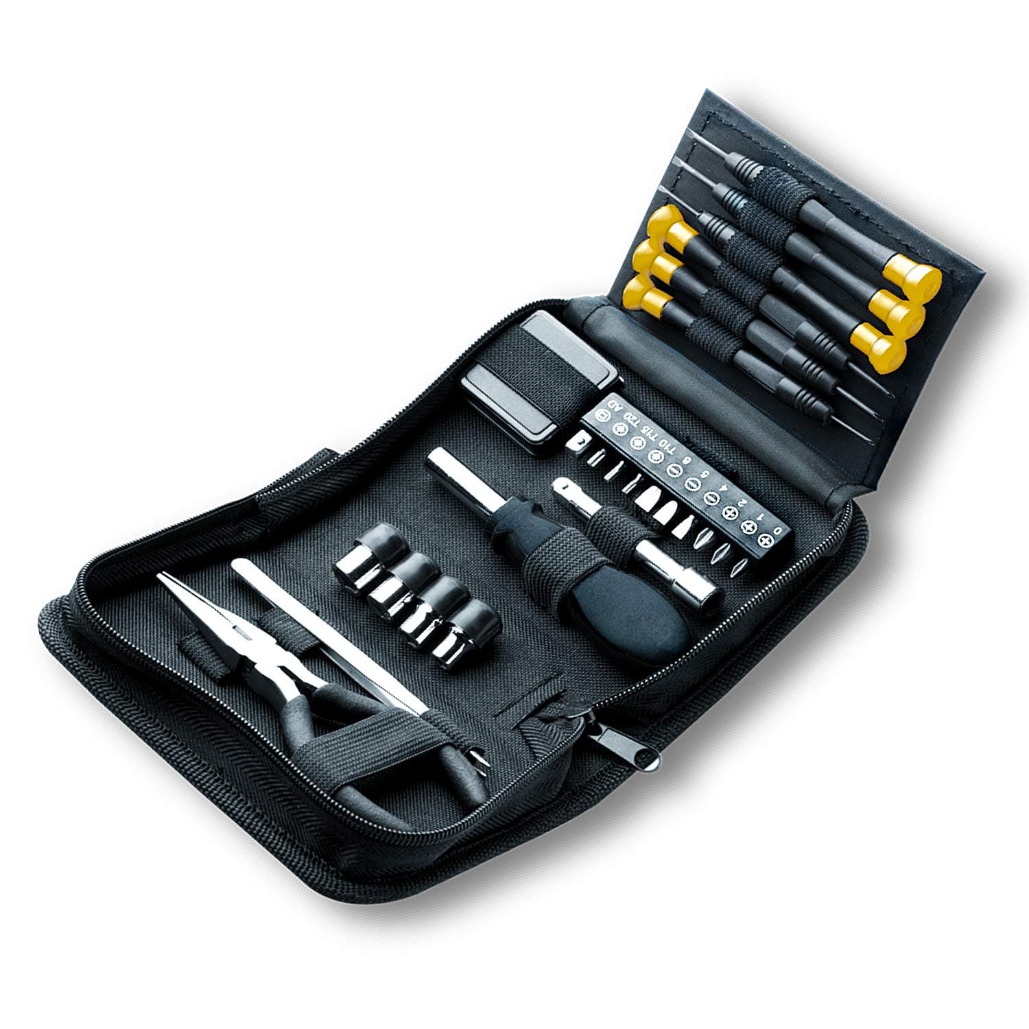 Mini Tool Set, 25 pc Tool Kit, Precision Screwdriver Set, Long Reach Tweezers, Needle Nose Pliers, Sockets with Driver Handle and Interchangeable Bits