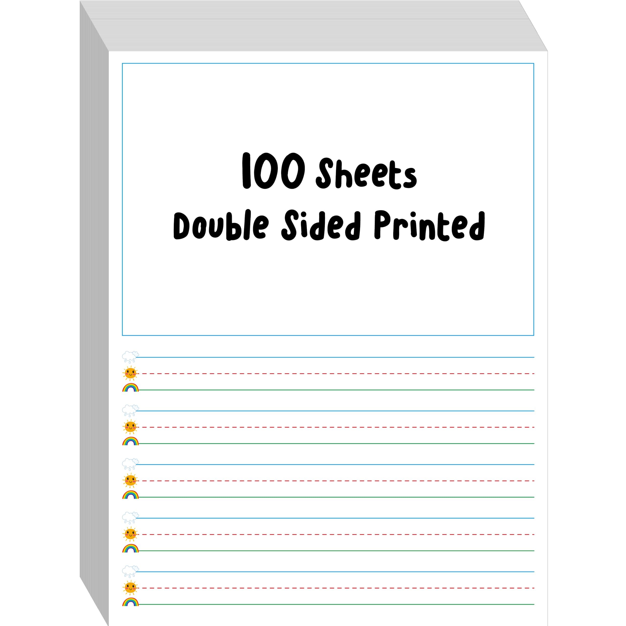 100 Sheets Ruled Writing Paper, Double-Sided Printing 1” Line Spacing with Blank Area Handwriting Writing Paper with Dotted Lines Practice Paper for Kindergarten Toddlers Kids (8” x 10.6”)