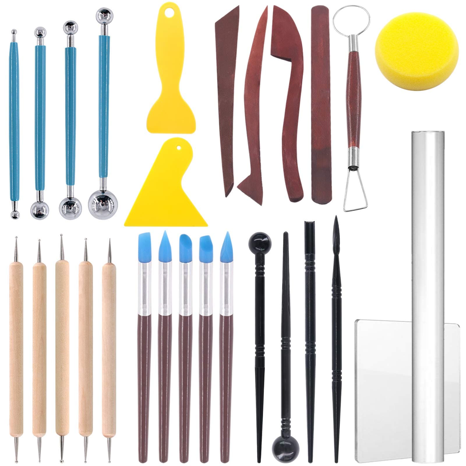 Glarks 28Pcs Carving Modeling Clay Sculpting Tools Set Including Plastic Modeling Tools, Dual-End Dotting Clay Tools, Ball Stylus, Silicone Tip Pens and Sculpture Knives for Embossing Art, Coloring