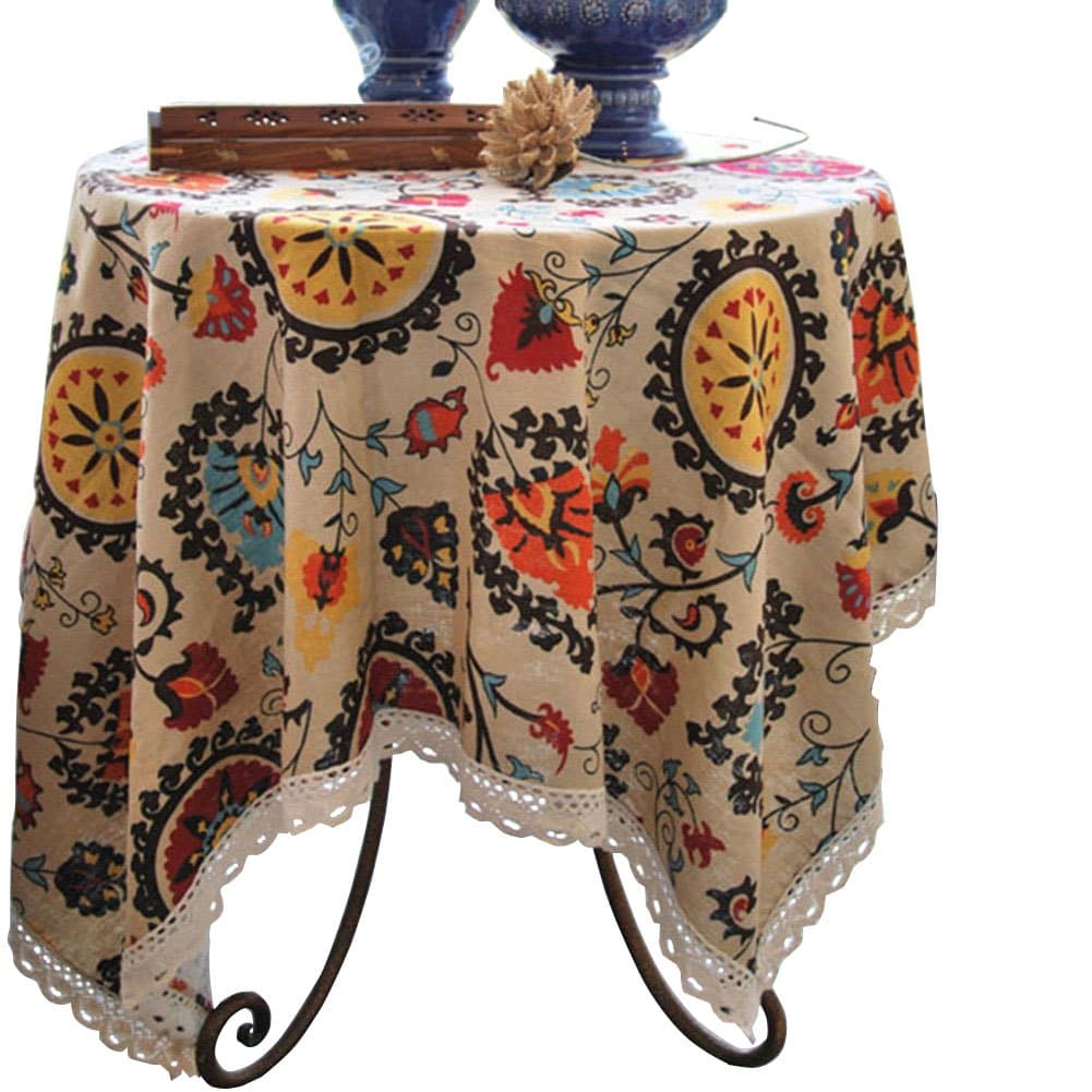 Aothpher Modern Boho Floral Jacquard Washable Tablecloths with Lace for Dining Table, 35x35 Inches