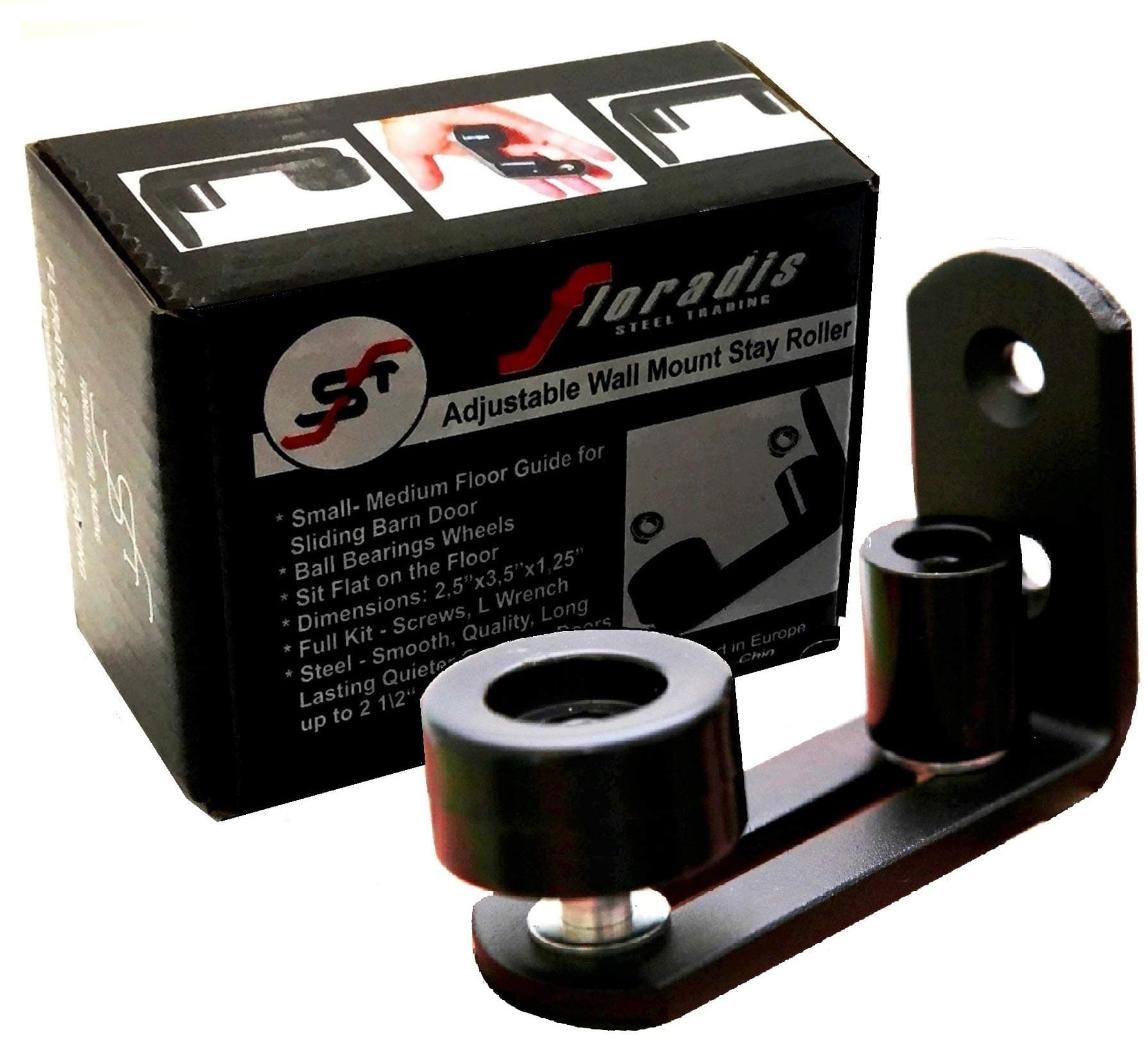 Small Floor Guide Stay Roller for Bottom of Sliding Barn Doors. Ultra Smooth Ball Bearings Wheels. Flush to Floor. Fully Adjustable Hardware. Multiple Setups. Black Wall Mount Guide Hardware