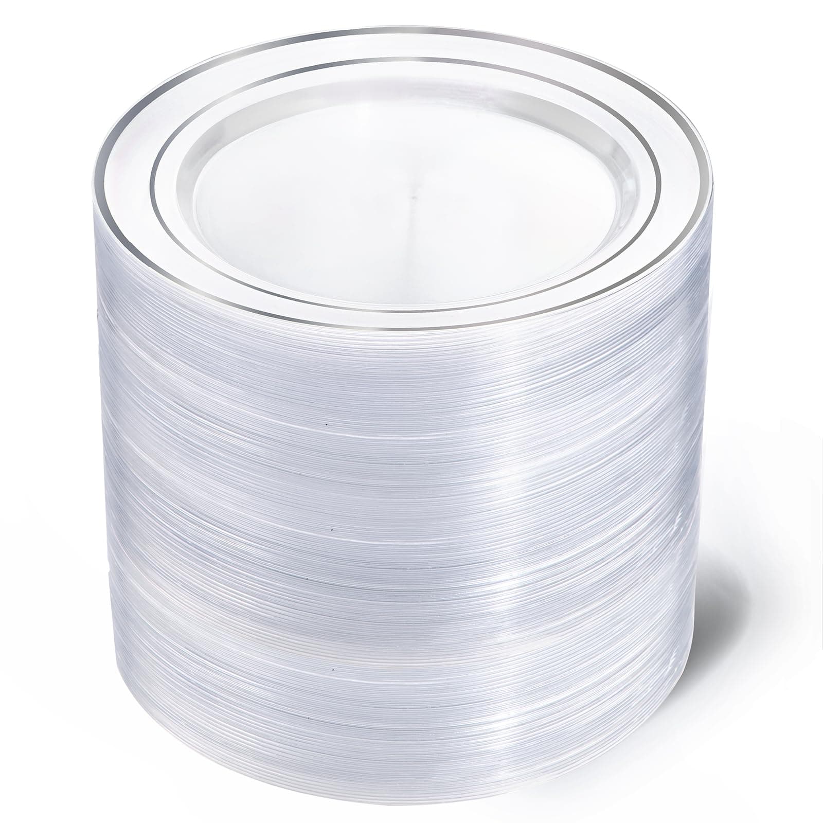 I00000 100Pcs Clear Silver Plastic Plates,Silver Rim Plates 7 Inch,Heavy Duty Premium Clear Dish for Wedding Party Supplies for Salad Dessert Cake
