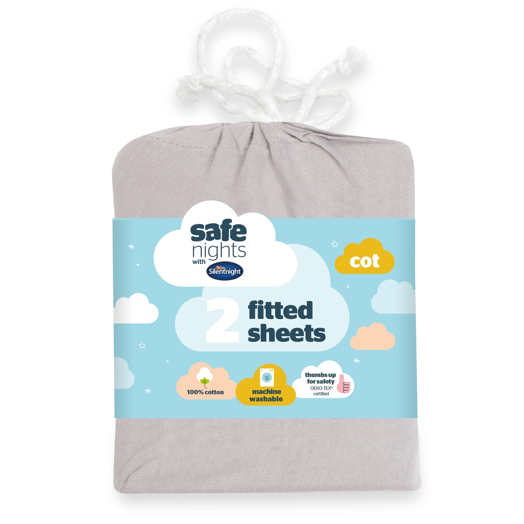 SilentnightSafe Nights Cot Size Fitted Sheets Set 100% Jersey Cotton Bedside Compatible Pack of Two Grey Easy Care Super Soft Cuddly for Baby with Storage Bag (60cmx120cmx12cm)