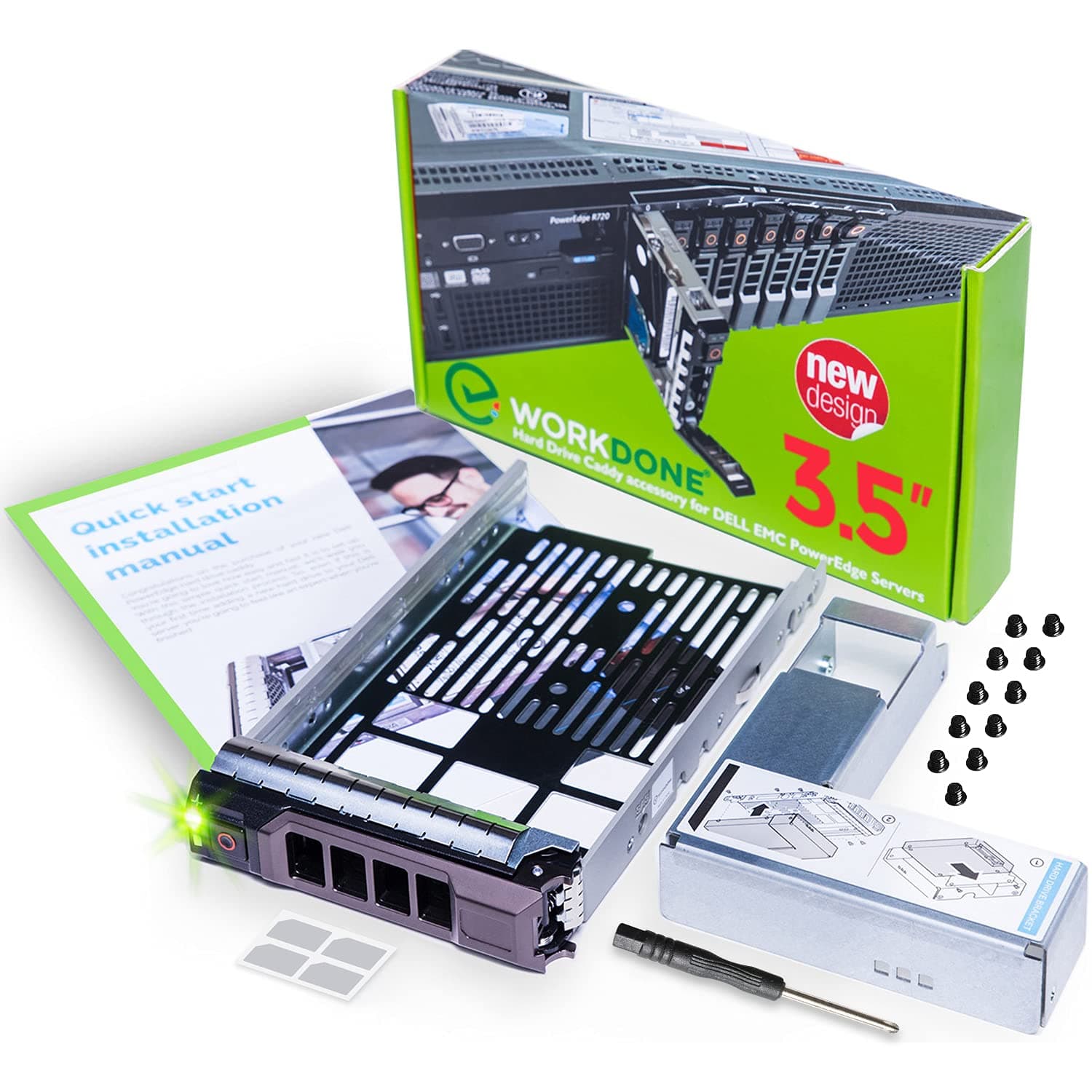 WORKDONE 3.5 inch Hard Drive Caddy Tray Compatible for Dell PowerEdge Servers - with 2.5 inch HDD Adapter NVMe SSD SAS SATA Bracket - Simply and Easy Carrier Setup with Installation Manual