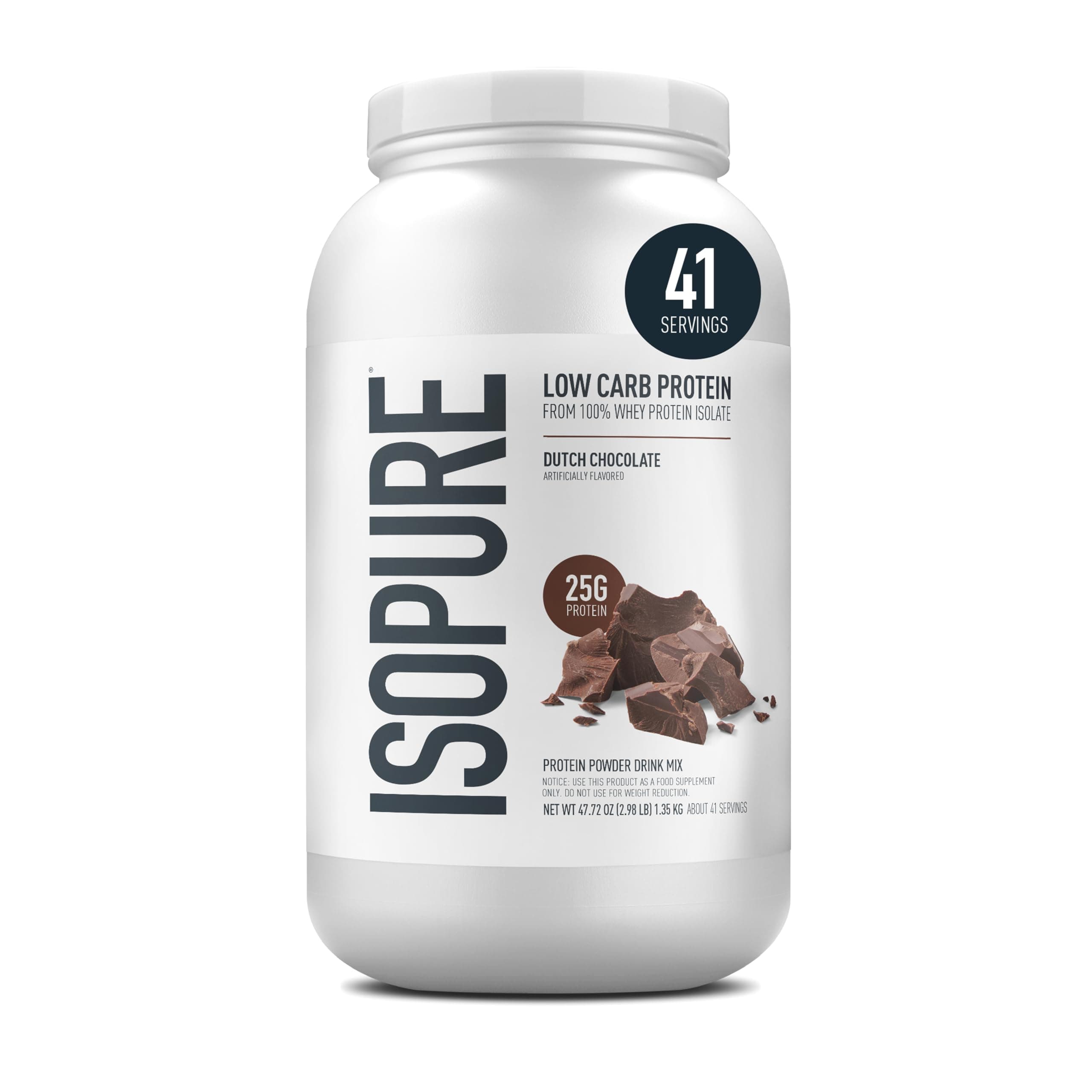 Low Carb 100% Pure Whey Isolate Protein Powder, Gluten Free, With Vitamins, Dutch Chocolate, 25g Protein Per Serving, 3.07 Lbs, 41 Servings (Packaging May Vary)