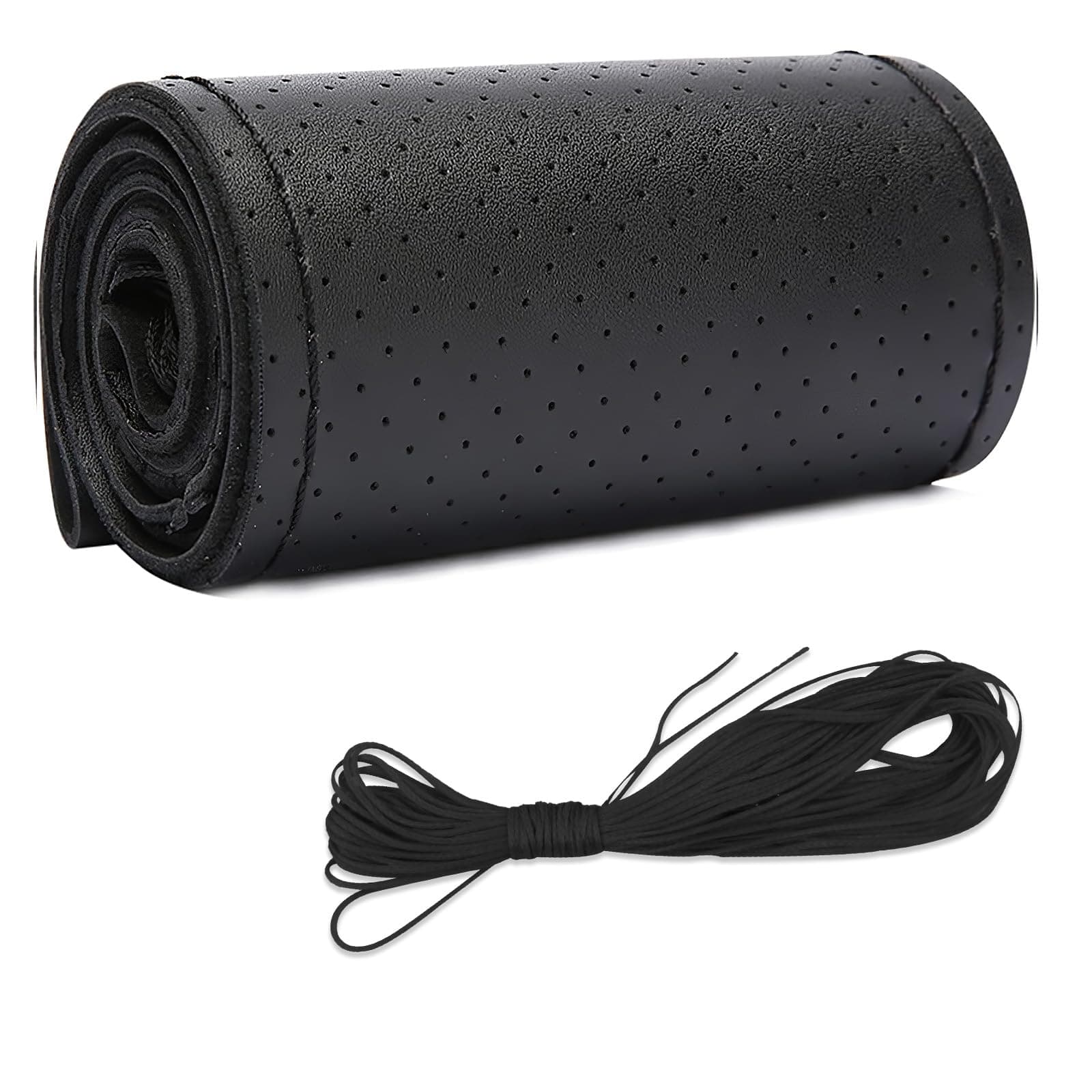 Leather Steering Wheel Cover, DIY Sewing with Needle & Thread, Breathable Anti-Slip Car Steering Wheel Protector, Universal 15 Inch Auto Steering Wheel Stitch on Wrap(Black, Full Hole)