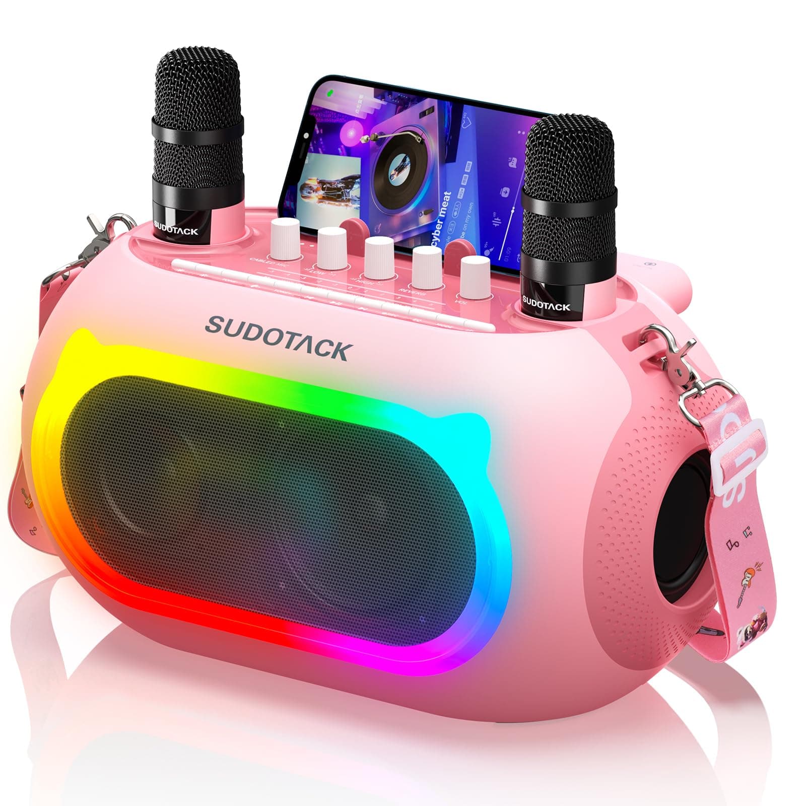 SUDOTACK Karaoke Machine with 2 Wireless Microphones, Portable Bluetooth Speaker with Bass/Treble Adjustment, PA System with LED Lights, Supports TF Card/USB, AUX in, Rec for Party Pink