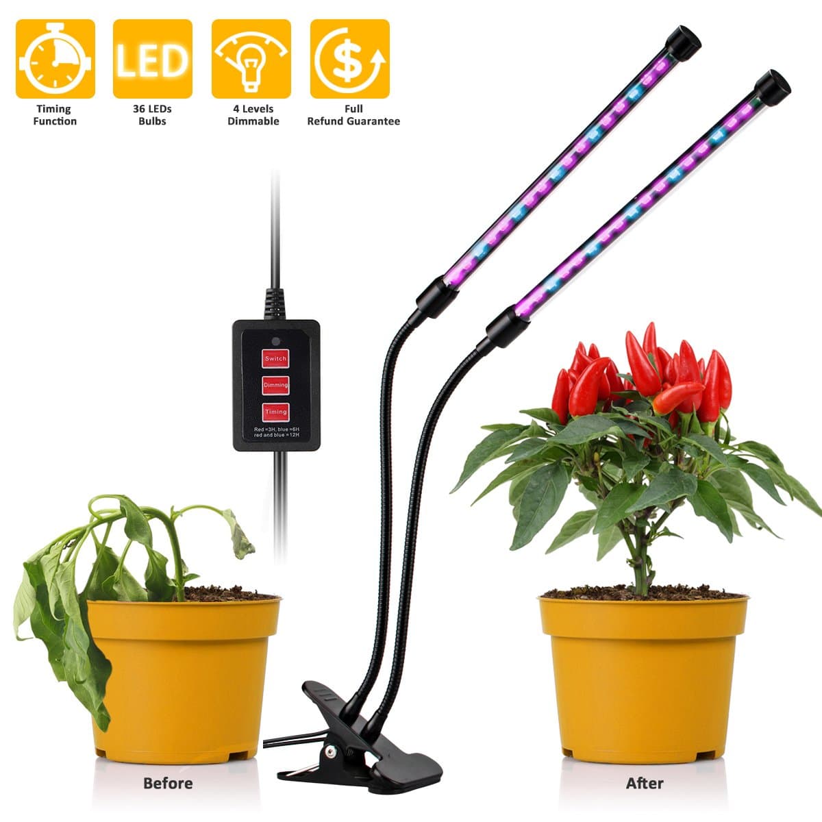 Timing Function Dual Head Led Grow Light 12W Dimmable 5 Levels with 360 Degree Flexible Gooseneck for Indoor Plants Small Growing Tent Home Hydroponic Garden Greenhouse Office